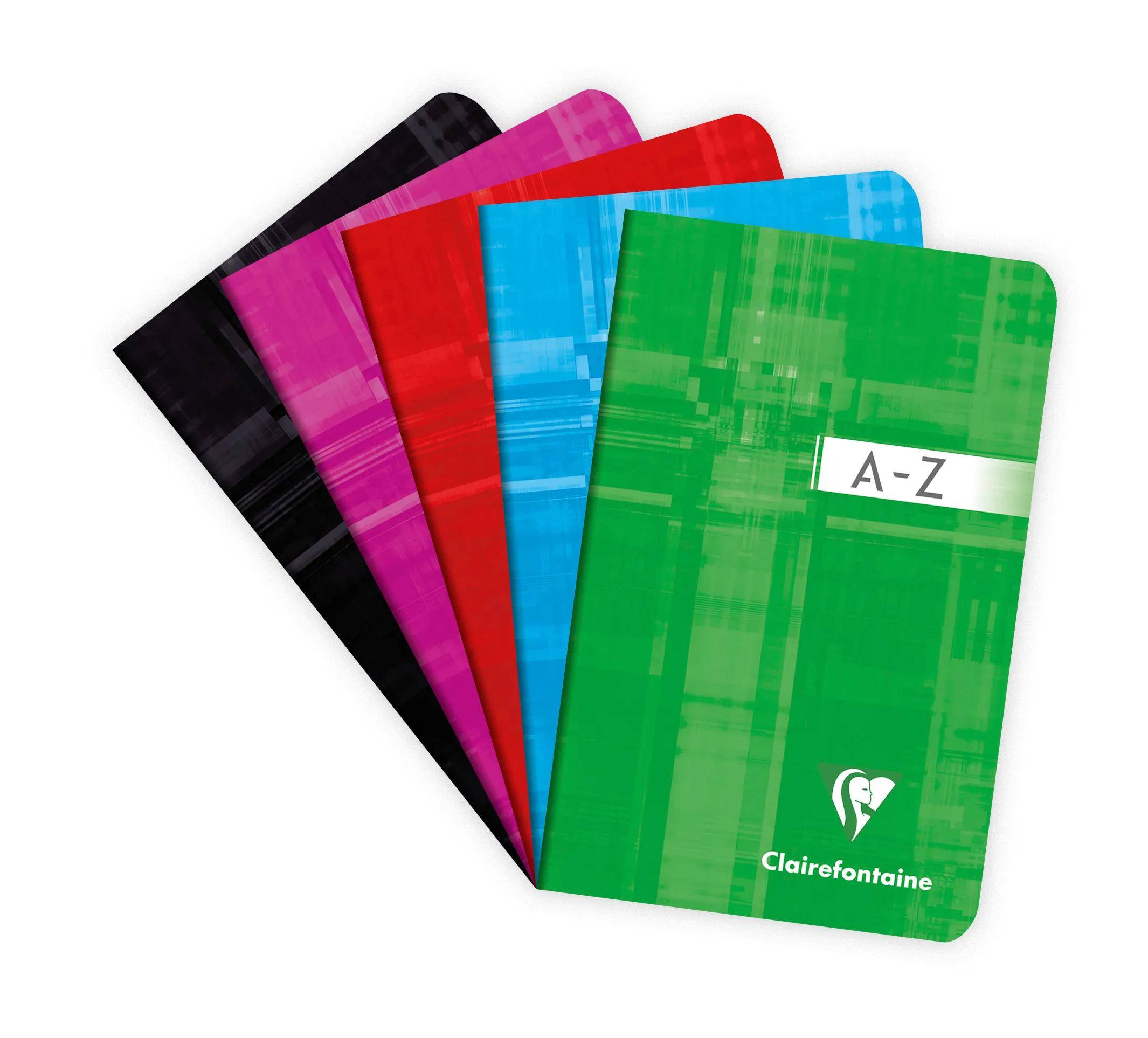 Fünf bunte A-Z-Notizbücher fächerartig ausgebreitet, mit einem grünen Clairefontaine-Notizbuch vorne.