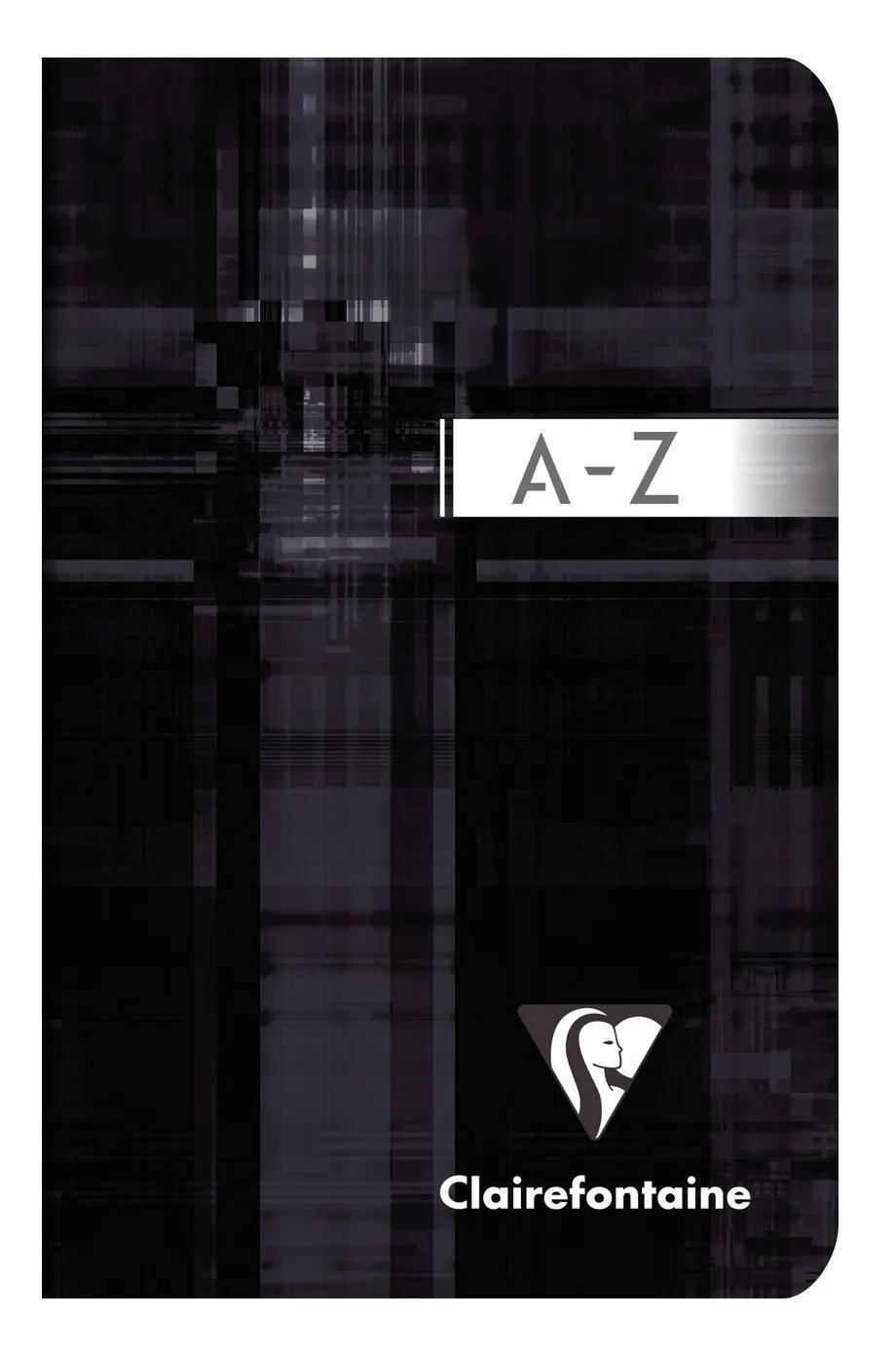 Ein schwarzgrauer strukturiertes Notizbuchcover mit der Bezeichnung 'A-Z' und dem Clairefontaine-Logo sowie dem Namen am unteren Ende.