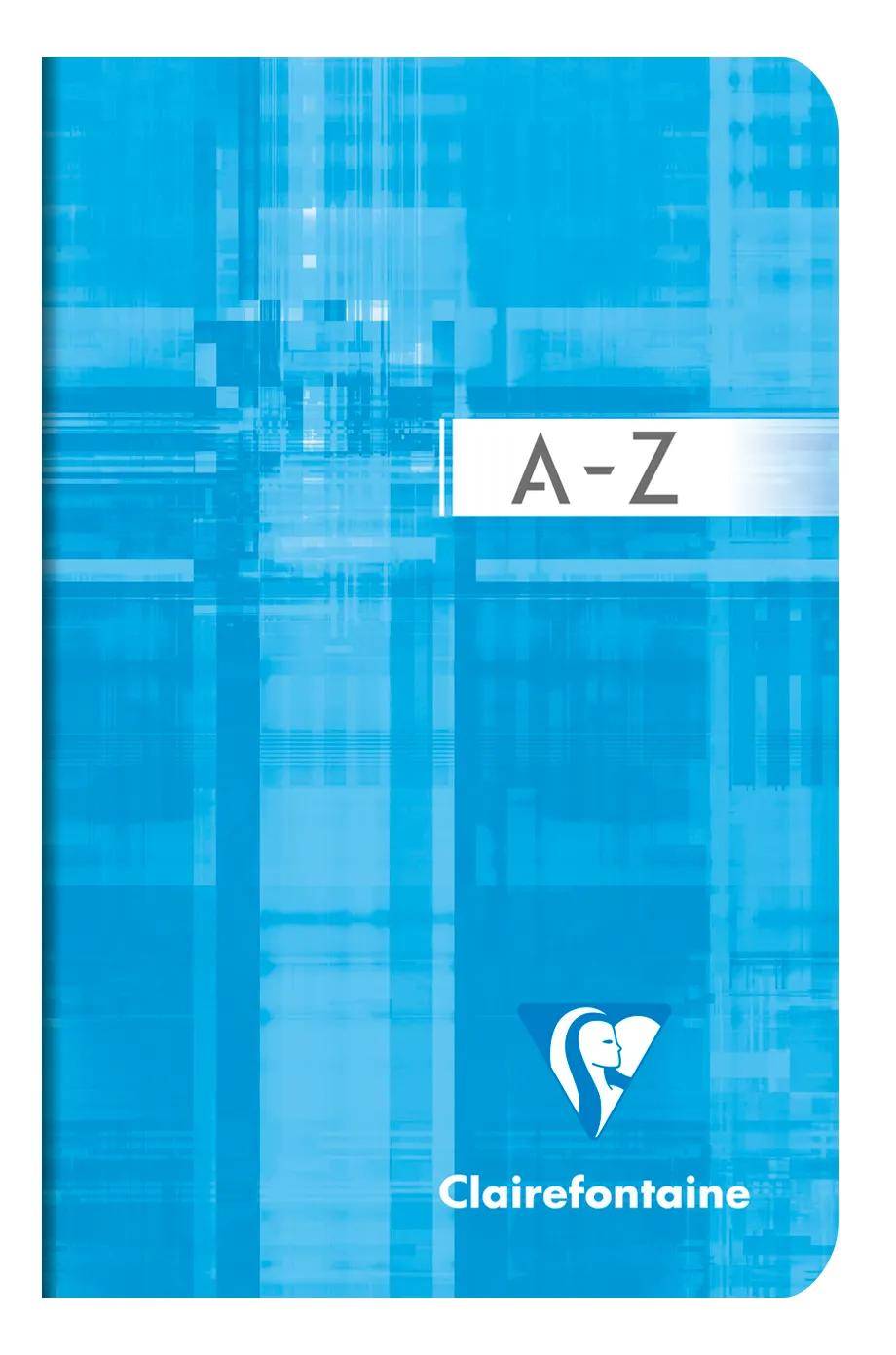 Blaues Clairefontaine A-Z Notizbuchcover mit abstraktem geometrischem Muster und Logo am unteren Ende.