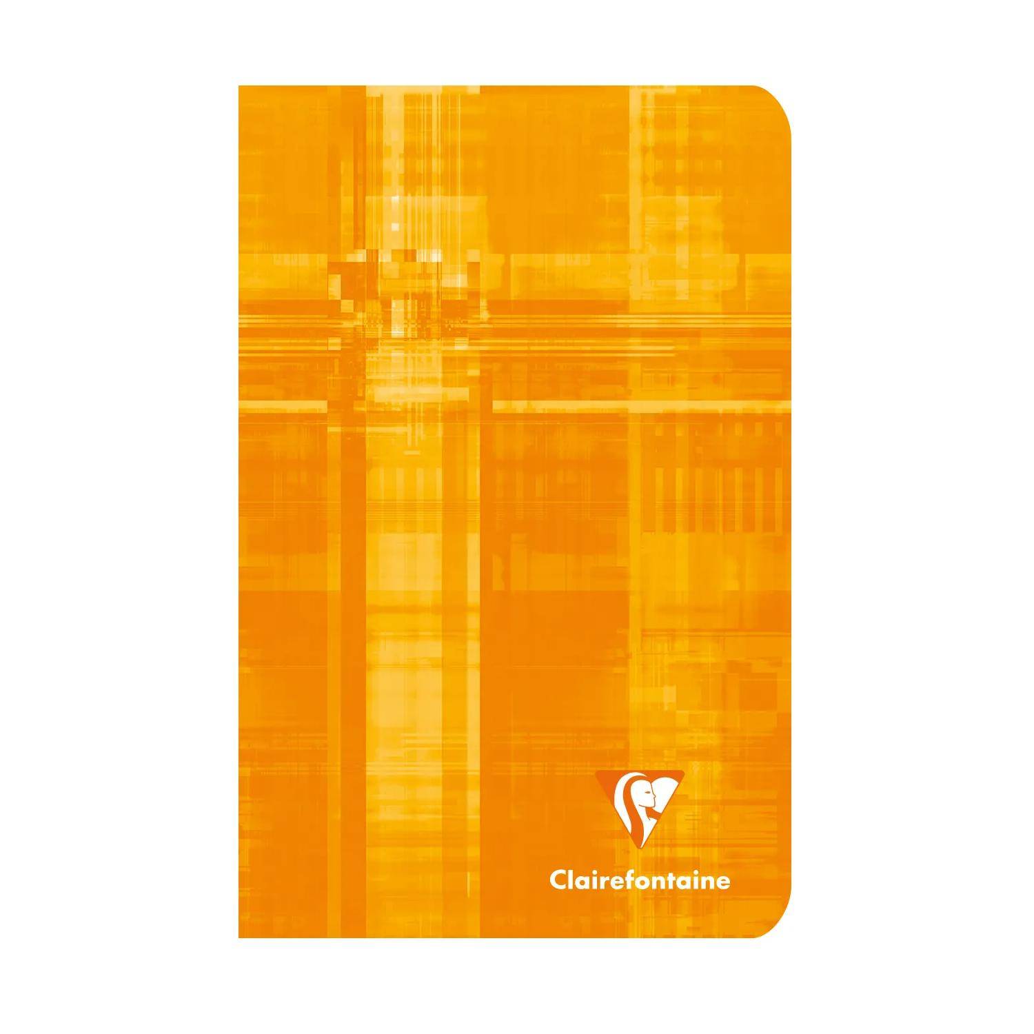 Orange Clairefontaine Notizbucheinband mit abstraktem karierten Muster und Logo unten rechts.