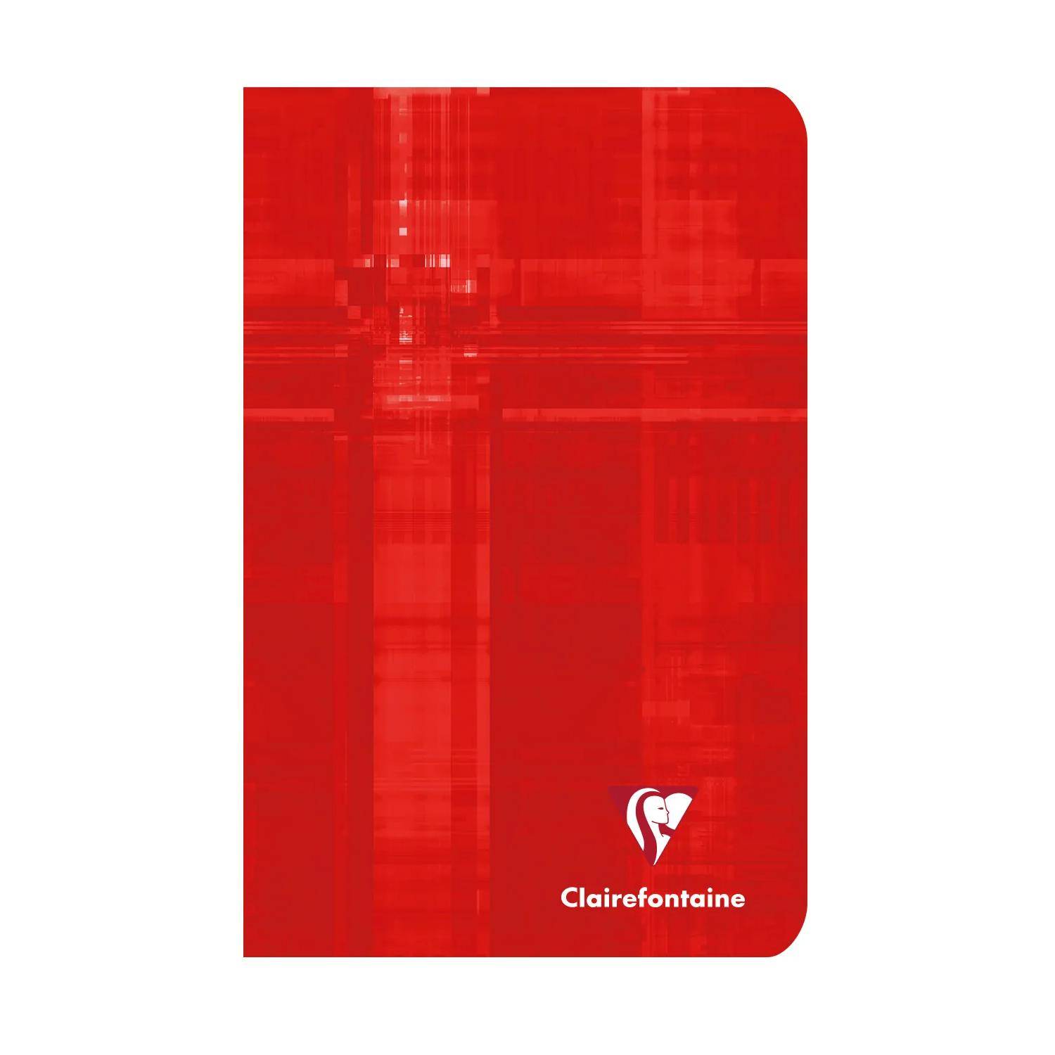 Rotes Clairefontaine-Notizbuch mit abstraktem strukturiertem Karomuster und abgerundeten Ecken, Logo und Markenname unten rechts.