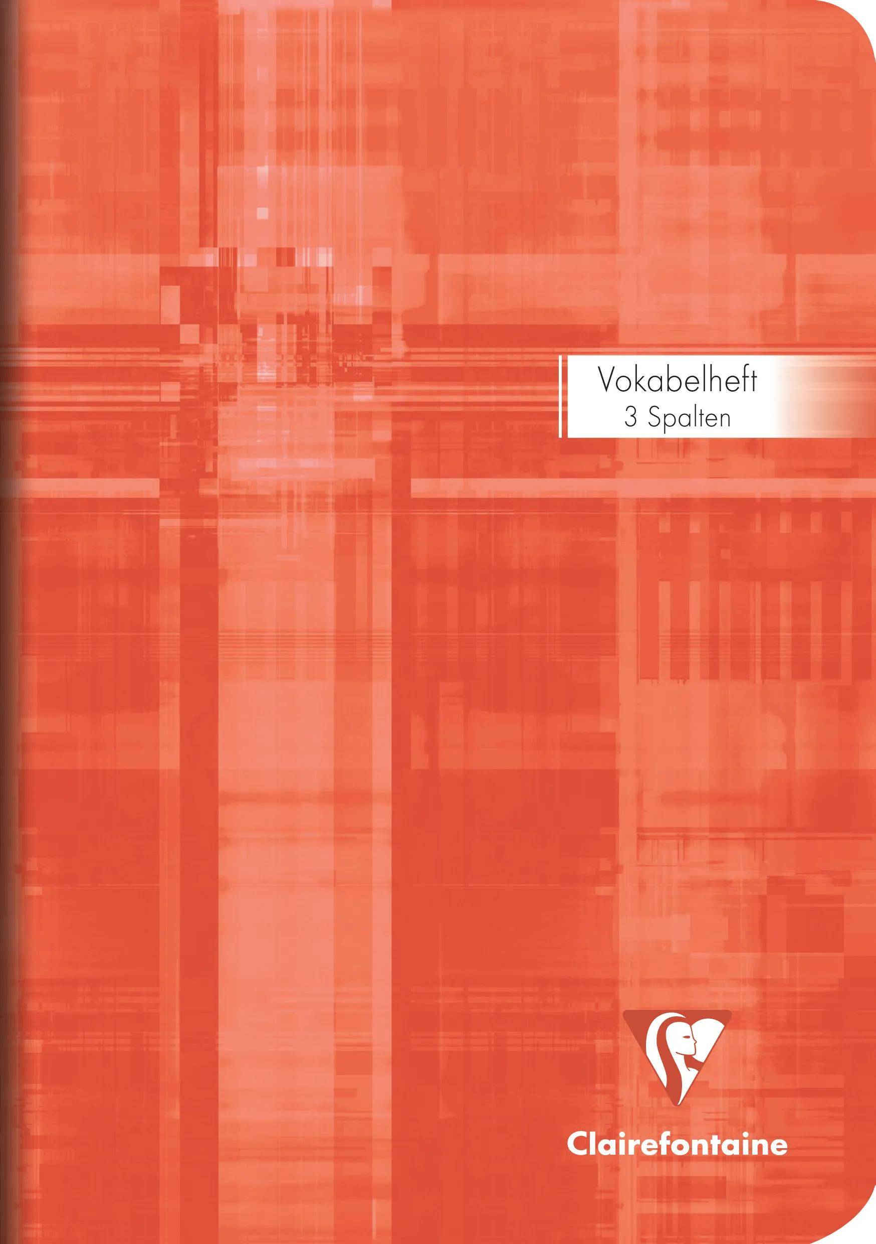 Orangefarbener Clairefontaine-Notizbucheinband mit abstraktem Muster, beschriftet mit „Vokabelheft 3 Spalten