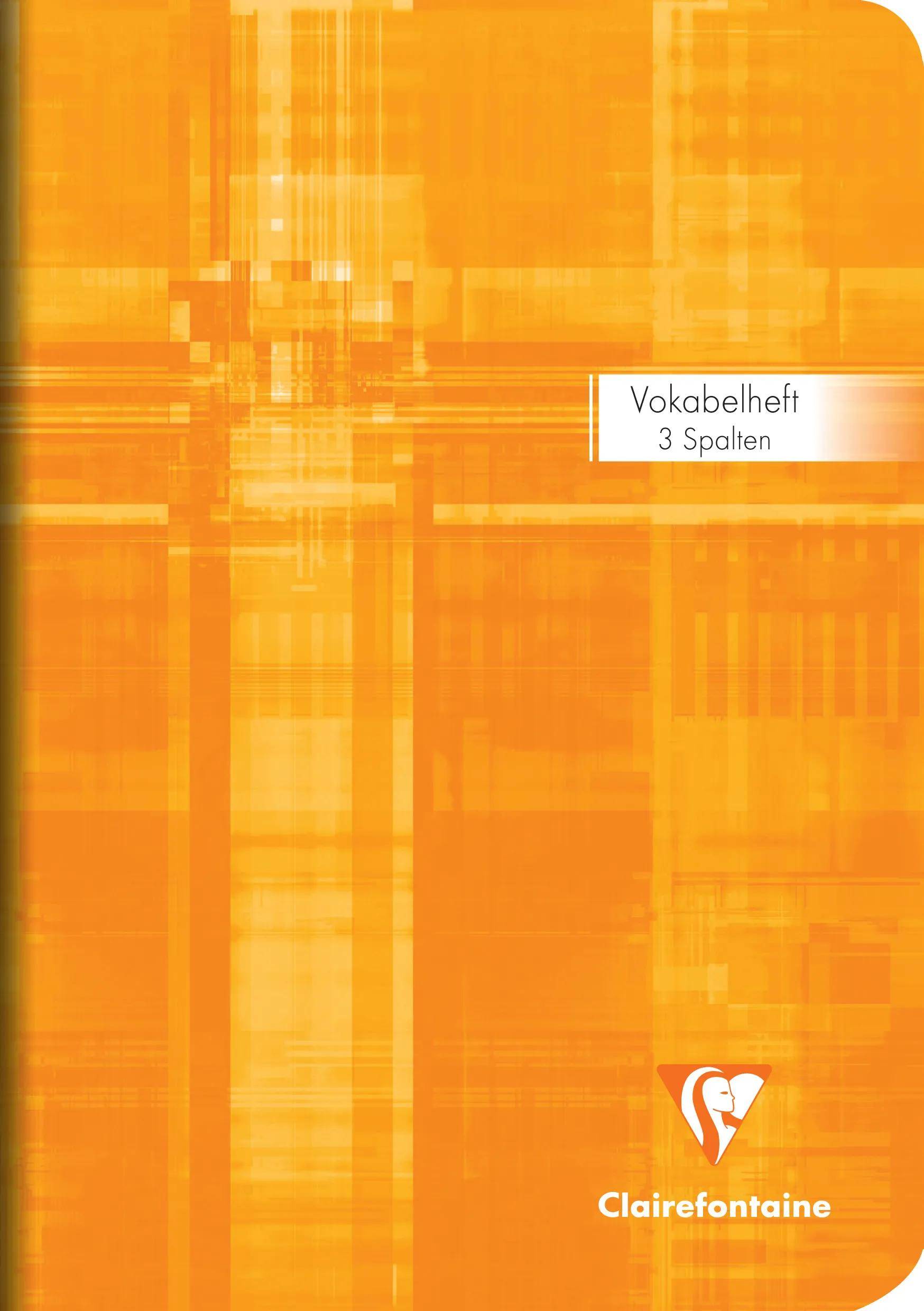 Orangefarbener Clairefontaine-Notizbuchdeckel mit abstraktem Gittermuster und Etikett „Vokabelheft 3 Spalten