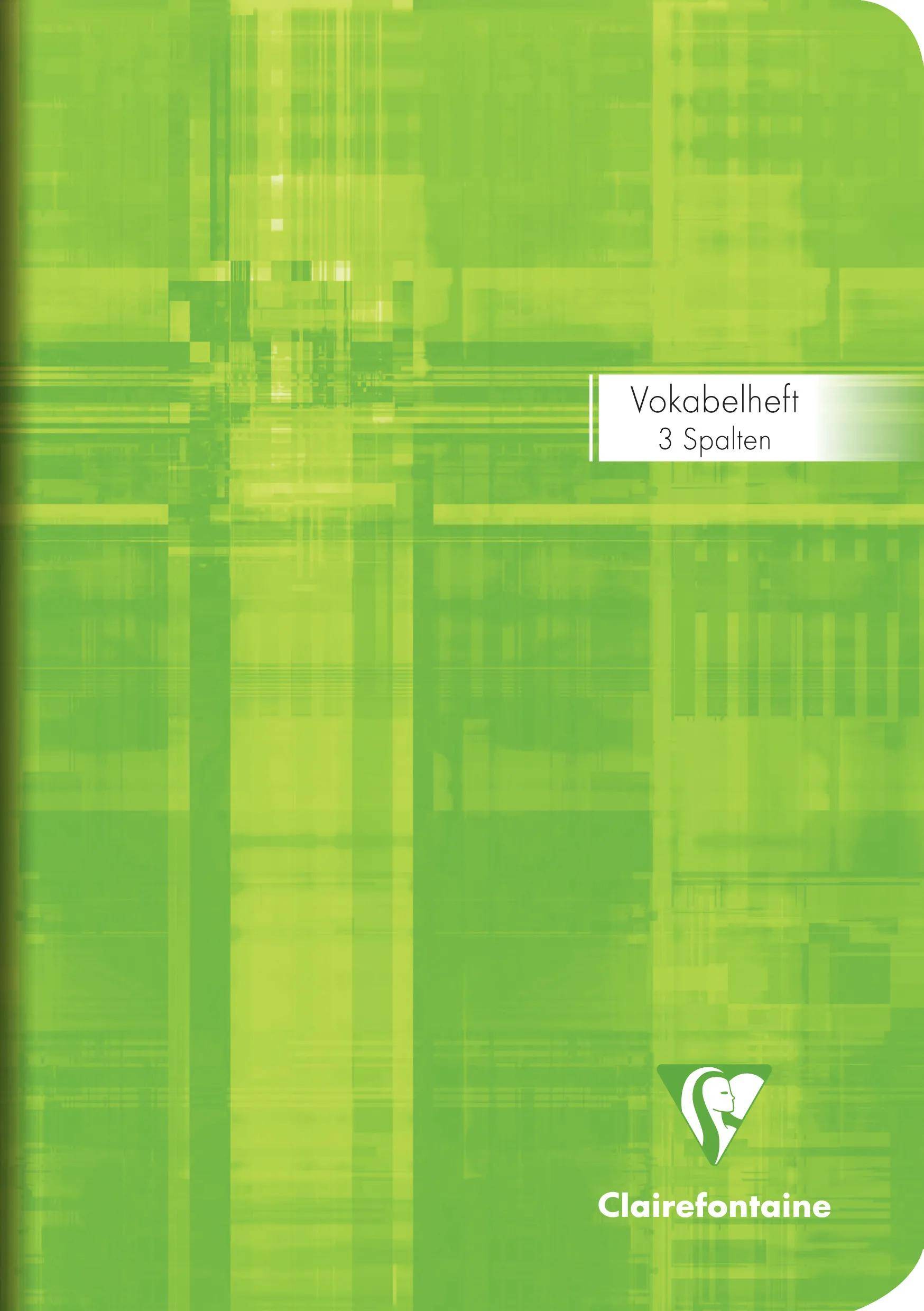 Grünes Clairefontaine-Vokabelnotizbuch mit Umschlag beschriftet „Vokabelheft 3 Spalten