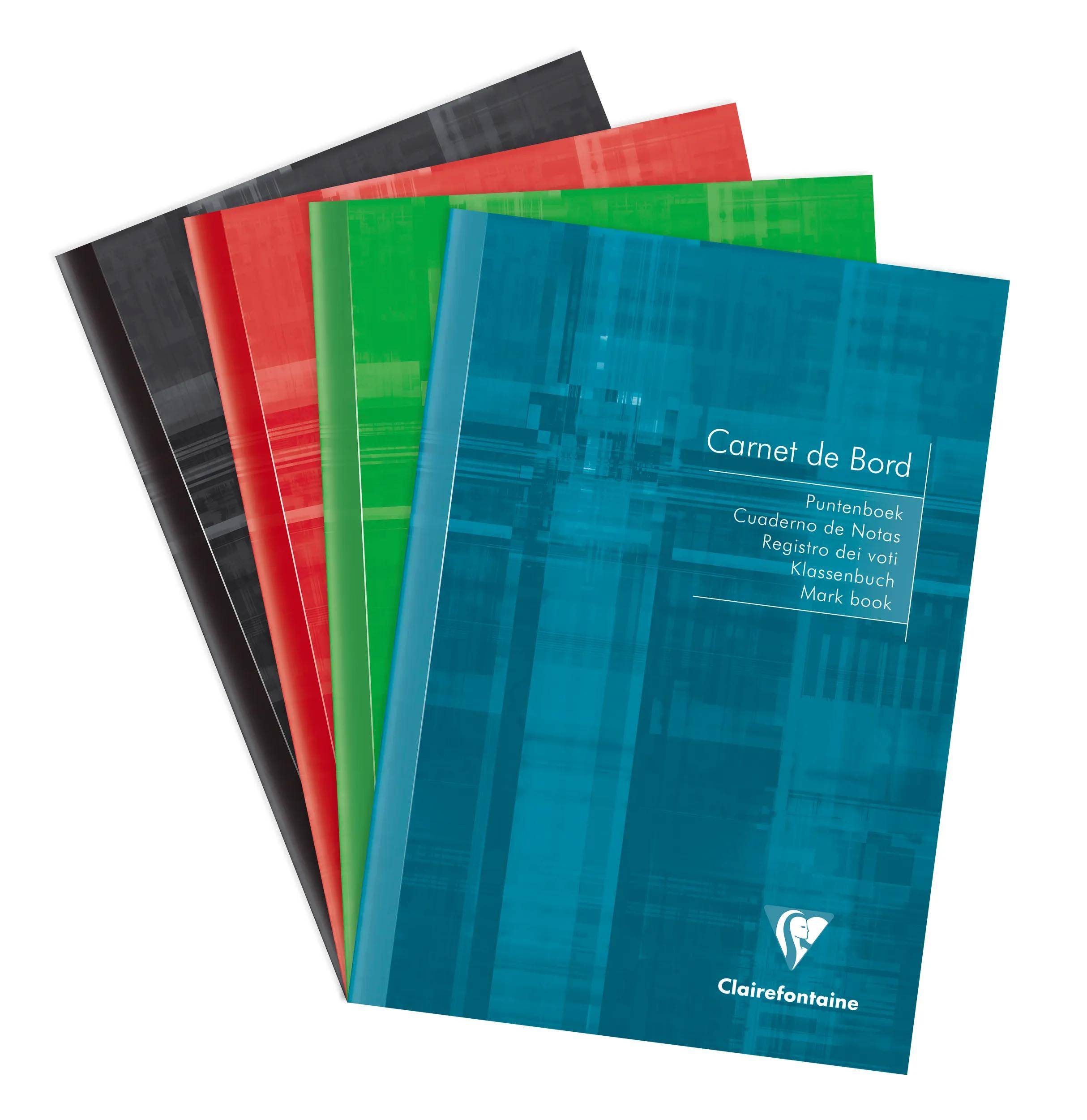 Vier farbenfrohe Clairefontaine-Notizbücher fächerartig ausgebreitet, wobei die Vorderseite eines „Carnet de Bord