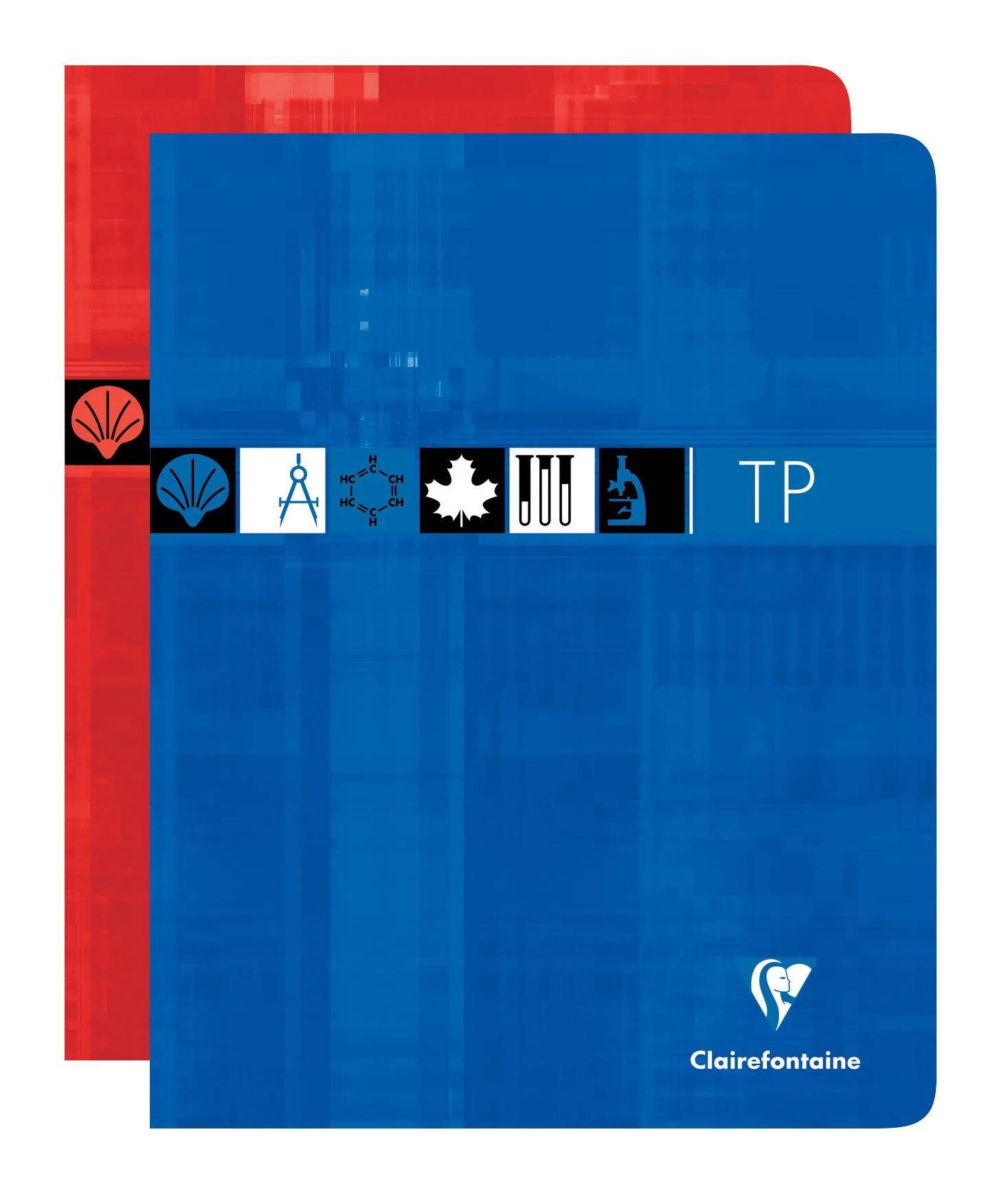 Blauer Clairefontaine TP Schulnotizbucheinband mit einem roten Notizbuch dahinter und einem Streifen von Wissenschafts-, Mathe- und Kunstsymbolen über die Vorderseite.