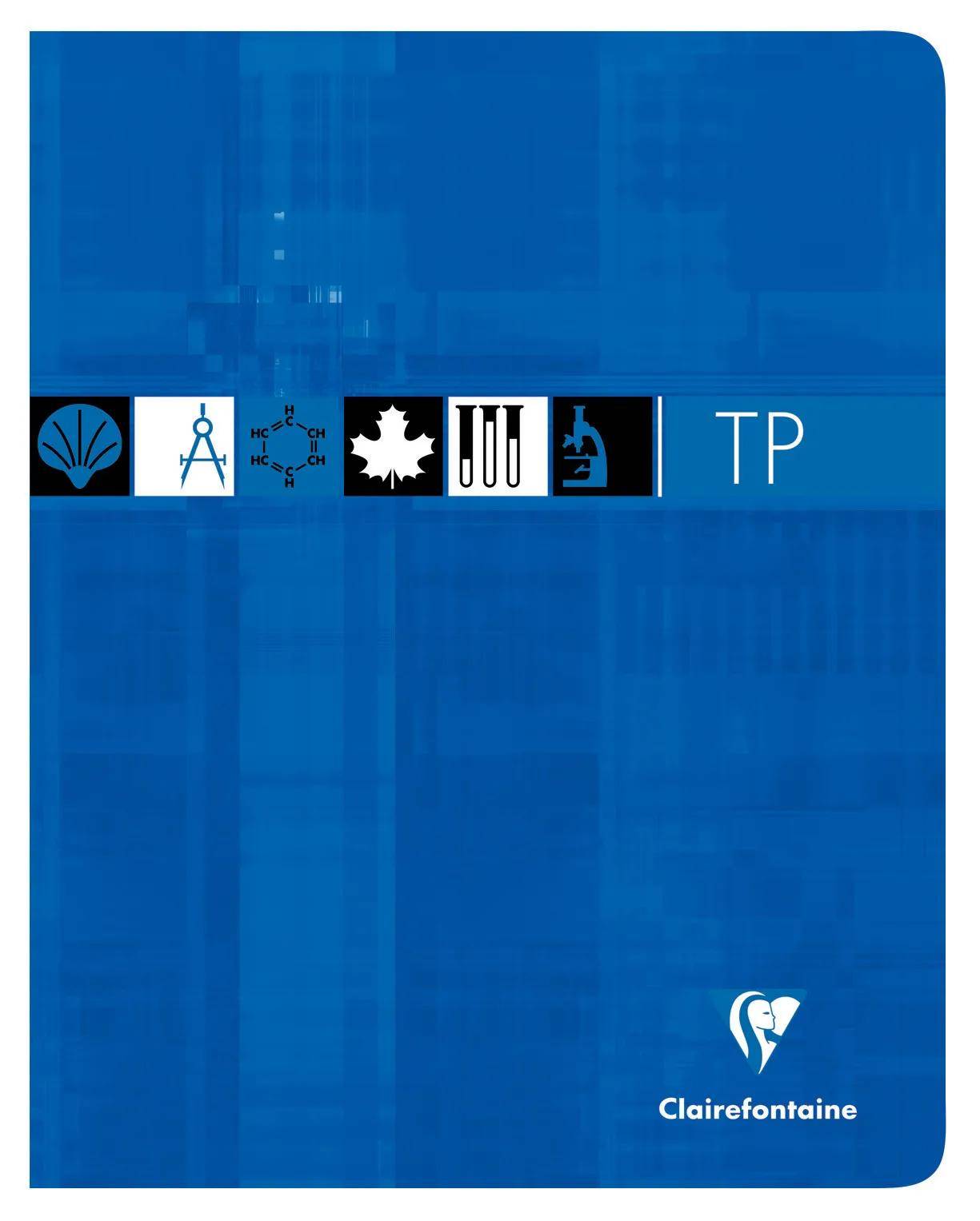 Blauer Clairefontaine-Notizbucheinband mit einem horizontalen Streifen von Wissenschaftssymbolen und dem Text „TP