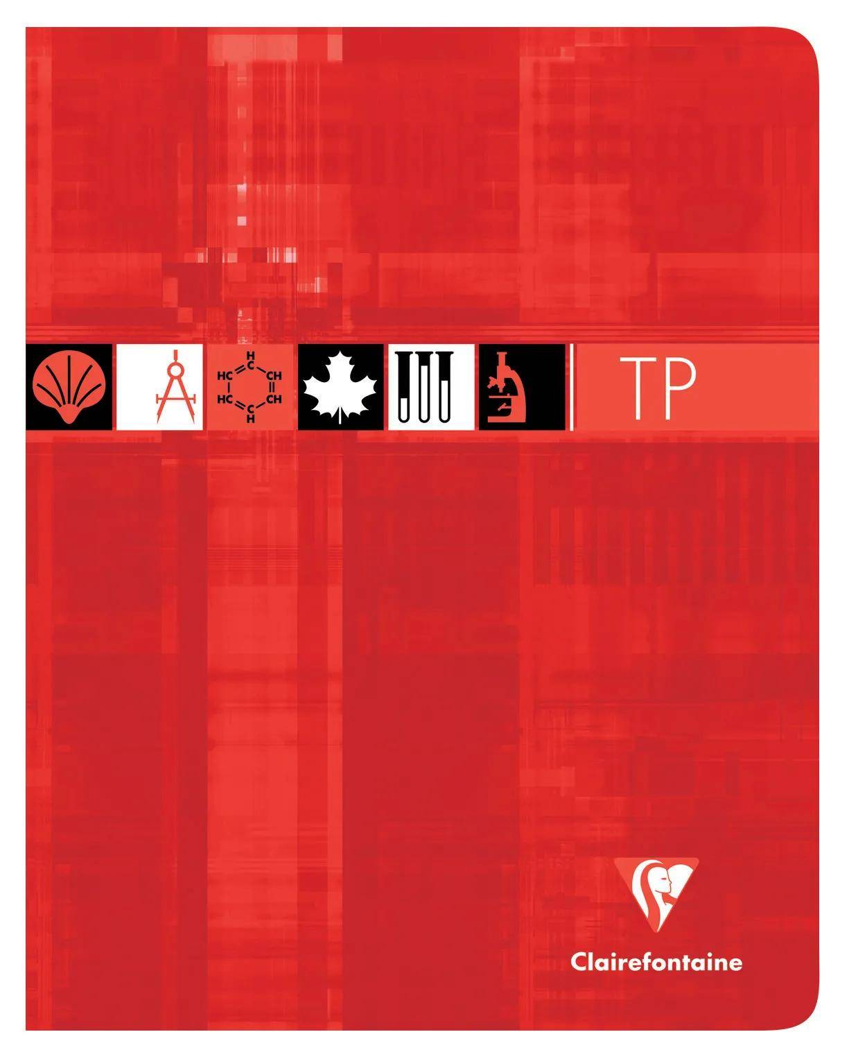 Rotes Clairefontaine-Notizbuch mit einem horizontalen Streifen von Wissenschaftssymbolen und dem Logo unten rechts.