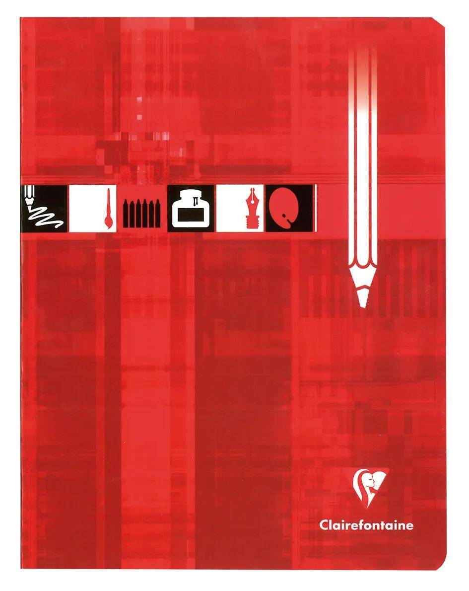 Rotes Clairefontaine-Notizbuch mit einem horizontalen Streifen von Kunstbedarfs-Symbolen und einer großen weißen Bleistiftgrafik auf der rechten Seite.