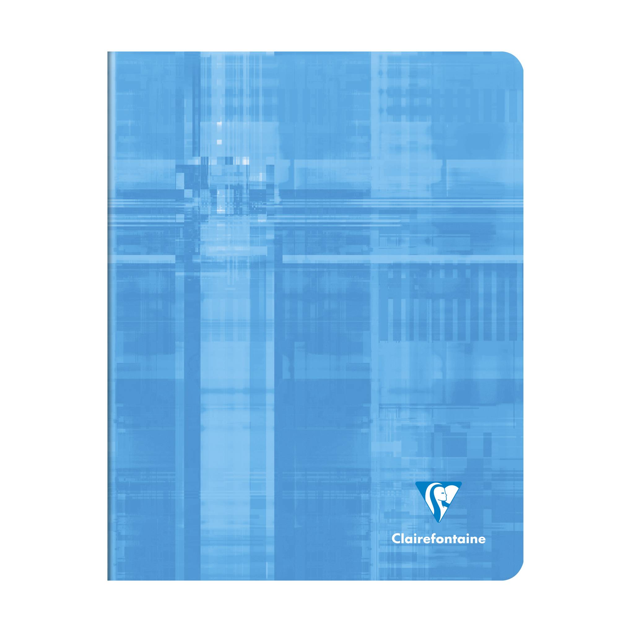 Blaues Clairefontaine-Notizbuchcover mit abstraktem Karomuster und abgerundeten Ecken, das das Clairefontaine-Logo unten rechts zeigt.