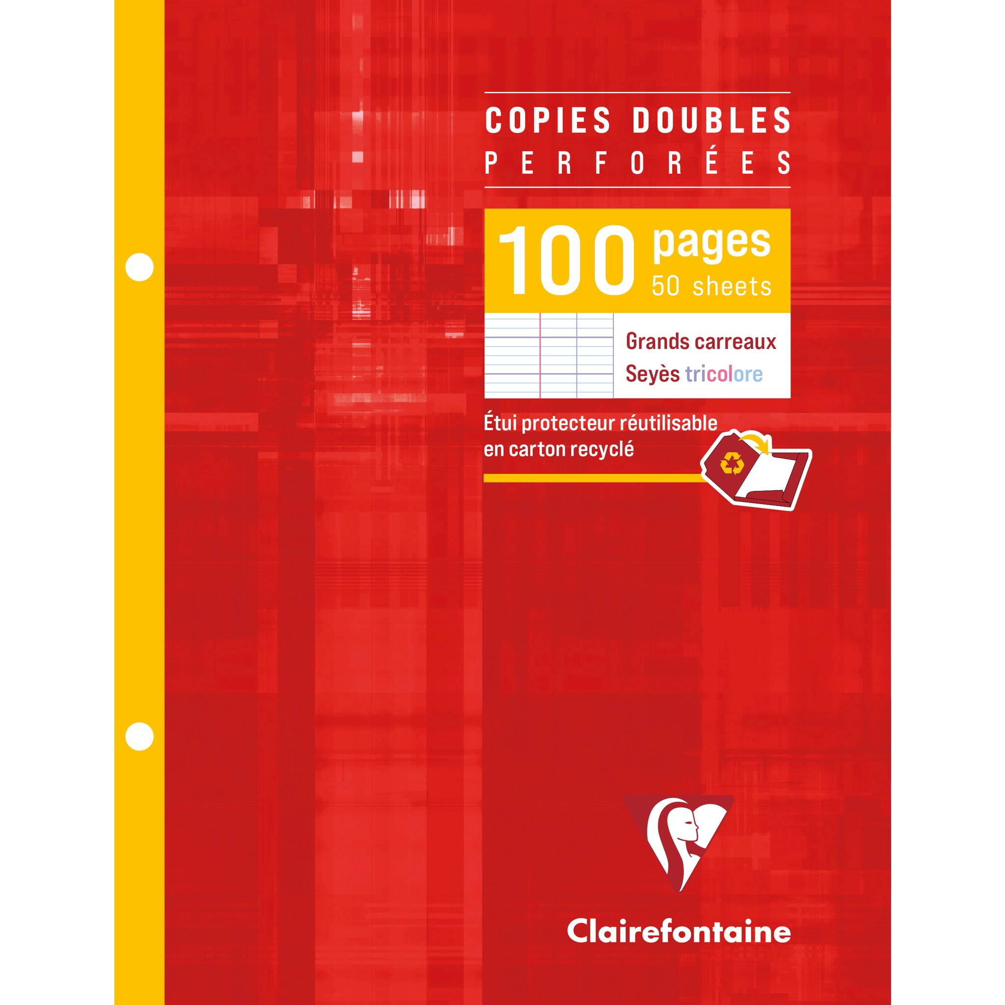 Rotes Clairefontaine Kopierpapier mit Lochung und Umschlag mit der Aufschrift „Copies doubles perforés", 100 Seiten/50 Blatt, große Kästchen, dreibarbig liniert, Umschlag aus recycelbarem Karton.
