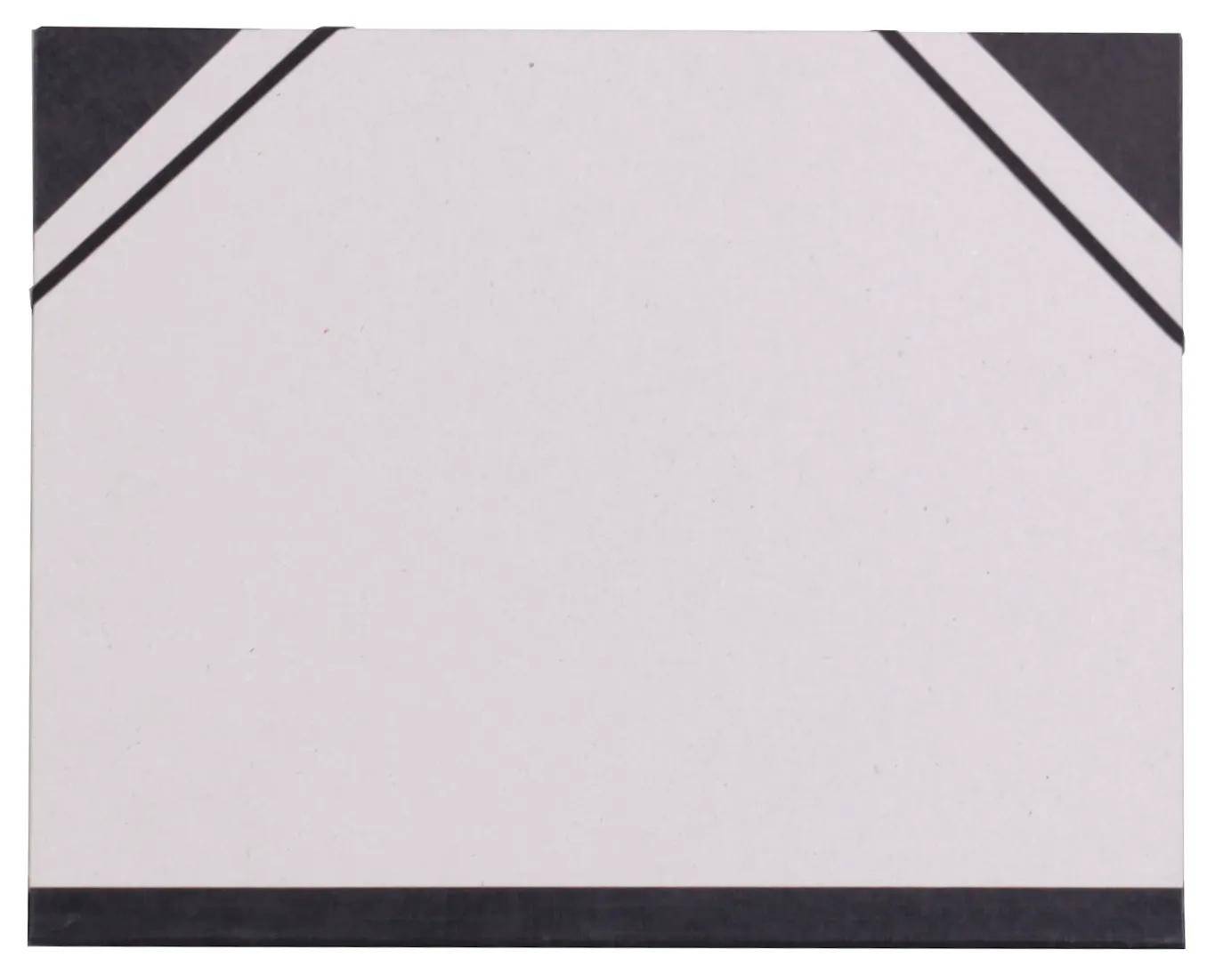 Leeres weißes rechteckiges Schild oder Karte mit schwarzen diagonalen Eckenrändern und einem dicken schwarzen Balken entlang der Unterseite.