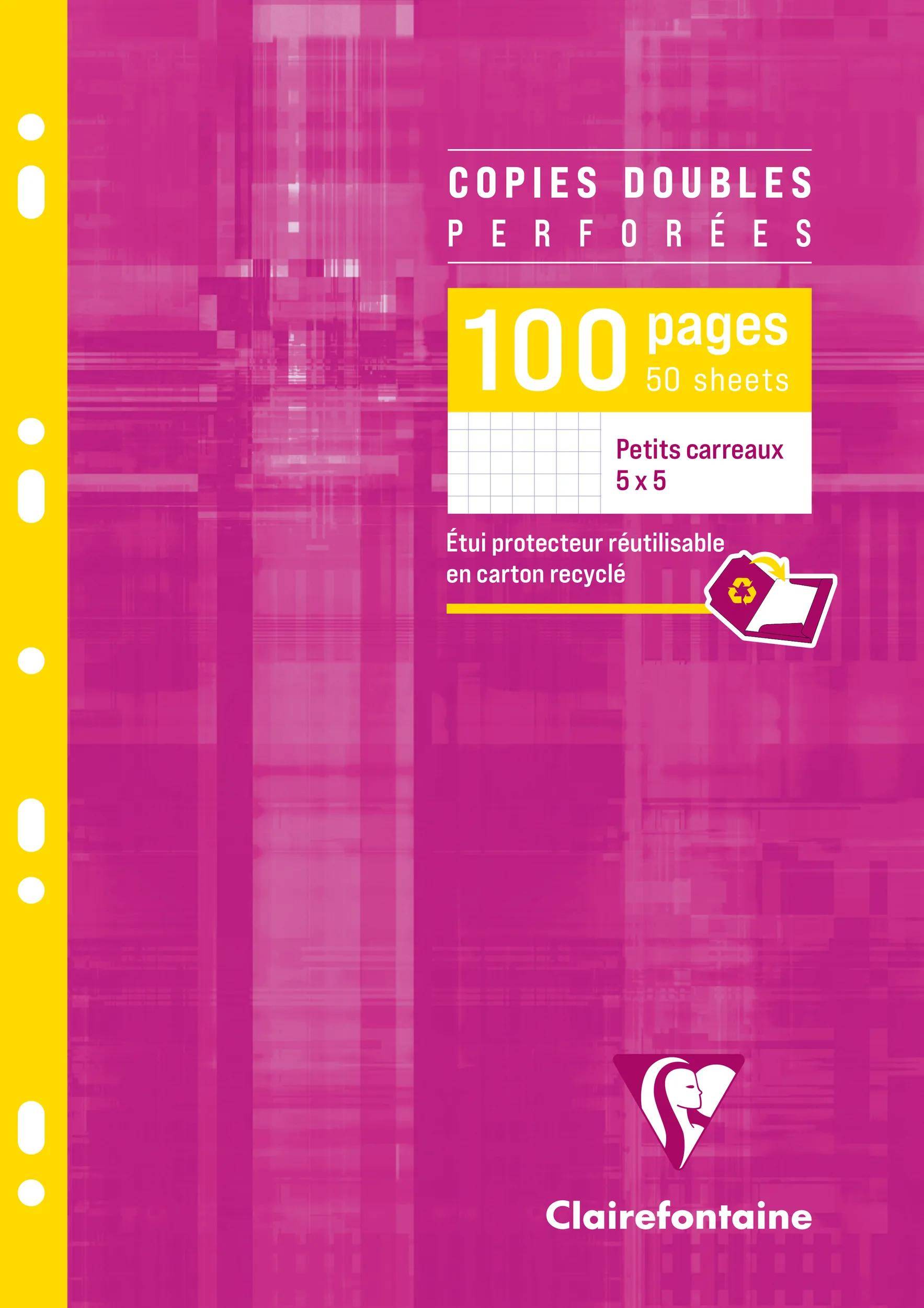 Rosafarbenes perforiertes Clairefontaine-Kopierpapier-Paket mit der Bezeichnung „Copies doubles perforées
