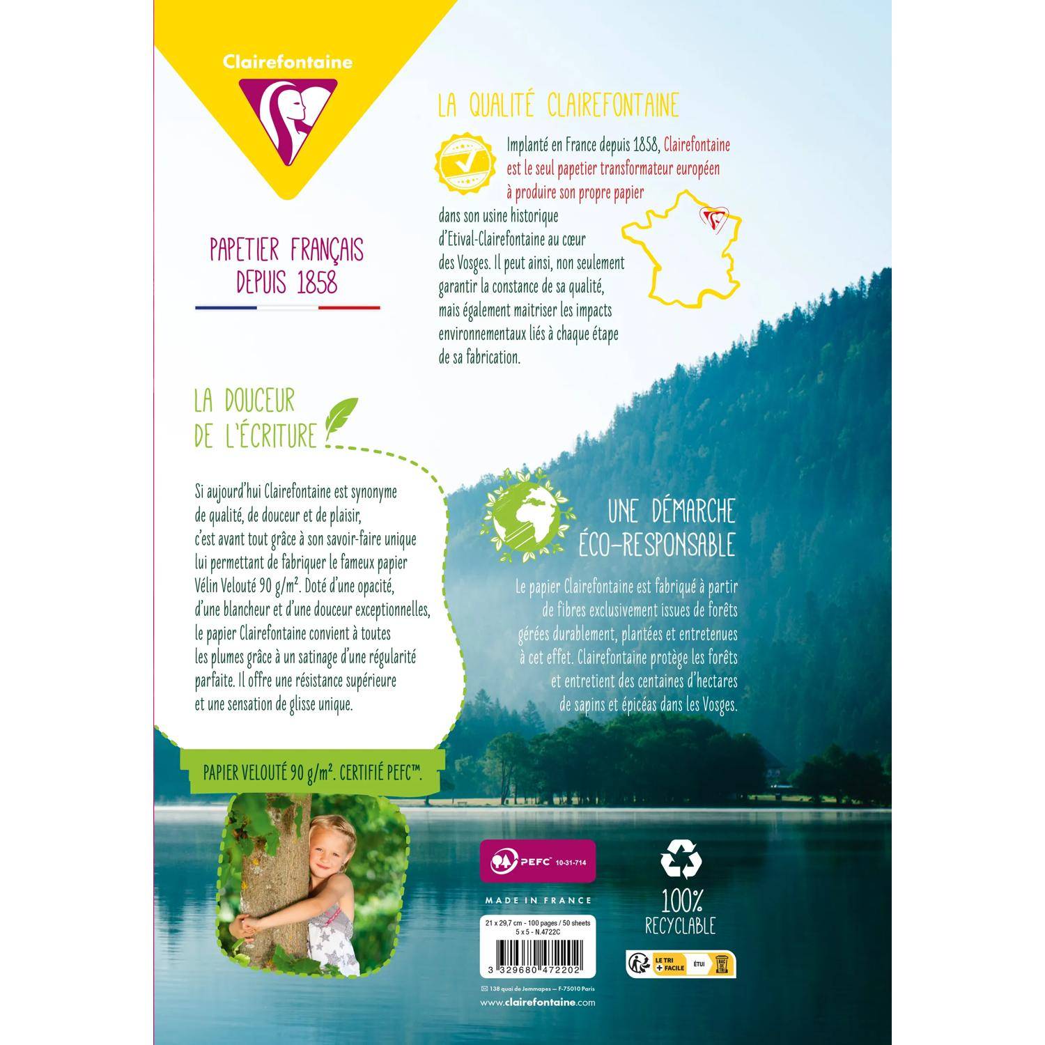 Verpackungsinfografik für Clairefontaine-Papier, die französische Herstellung, ökoverantwortliche Qualität, Weichheit zum Schreiben und 100%-Recycling-Zertifizierung hervorhebt.