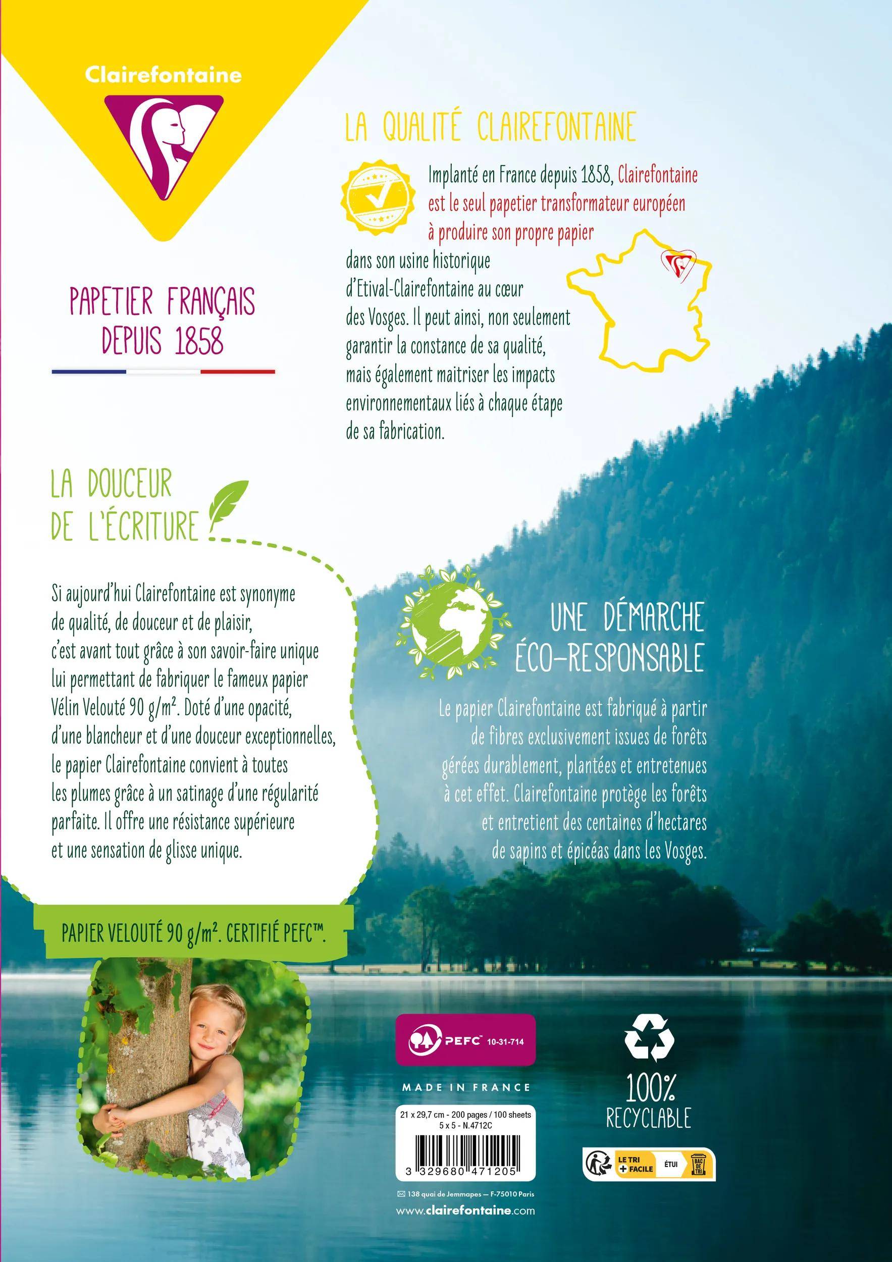 Eine farbenfrohe Infografik zur Förderung der Papierproduktion in Frankreich seit 1858, die Qualität, Umweltverantwortung und Nachhaltigkeitspraktiken hervorhebt.