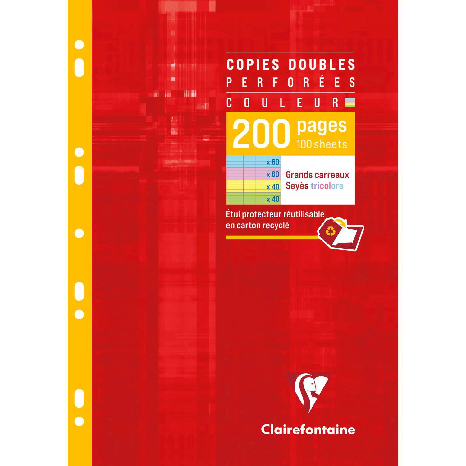 Rotes Clairefontaine Notizbuch mit gelbem Rückendrahtkamm, beschriftet mit „Copies doubles perforées couleur
