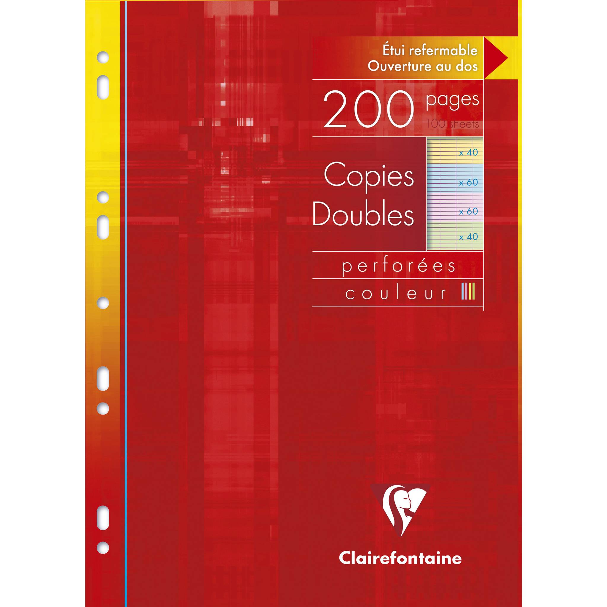 Rotes Clairefontaine Notizbuch mit perforierten Deckeln und gelbem Rücken, beschriftet mit '200 Seiten', 'Doppelblätter' und 'Verschließbares Etui Rückwärts zu öffnen'.