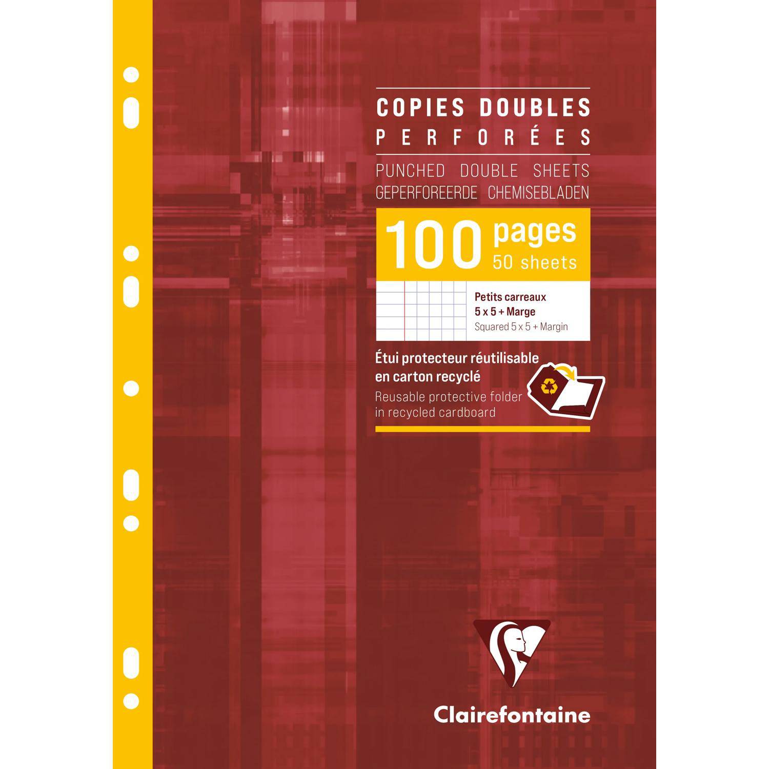Rote Kunststoffmappenabdeckung für 100 Blatt, beschriftet mit „Copies doubles perforées
