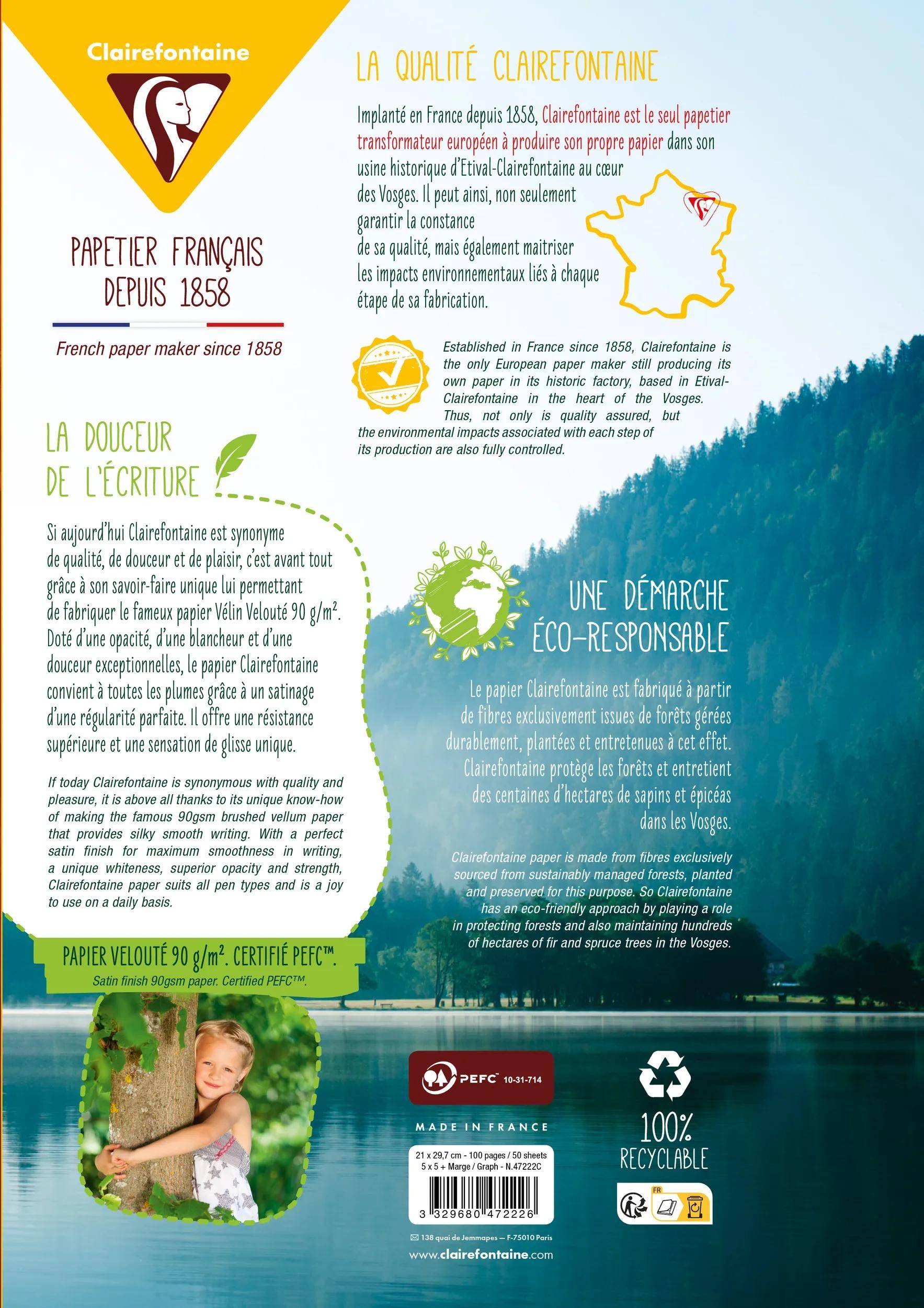 Französischer Papierhersteller seit 1858 Plakat für Clairefontaine, das umweltverantwortungsvolles, recyceltes, PEFC-zertifiziertes Papier und „100% recycelbar