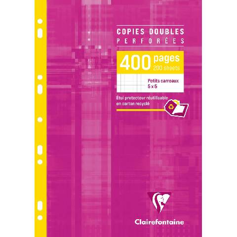 Rosa Clairefontaine Millimeterpapier-Notizbuch mit gelbem Rücken, beschriftet mit „Copies Doubles Perforées