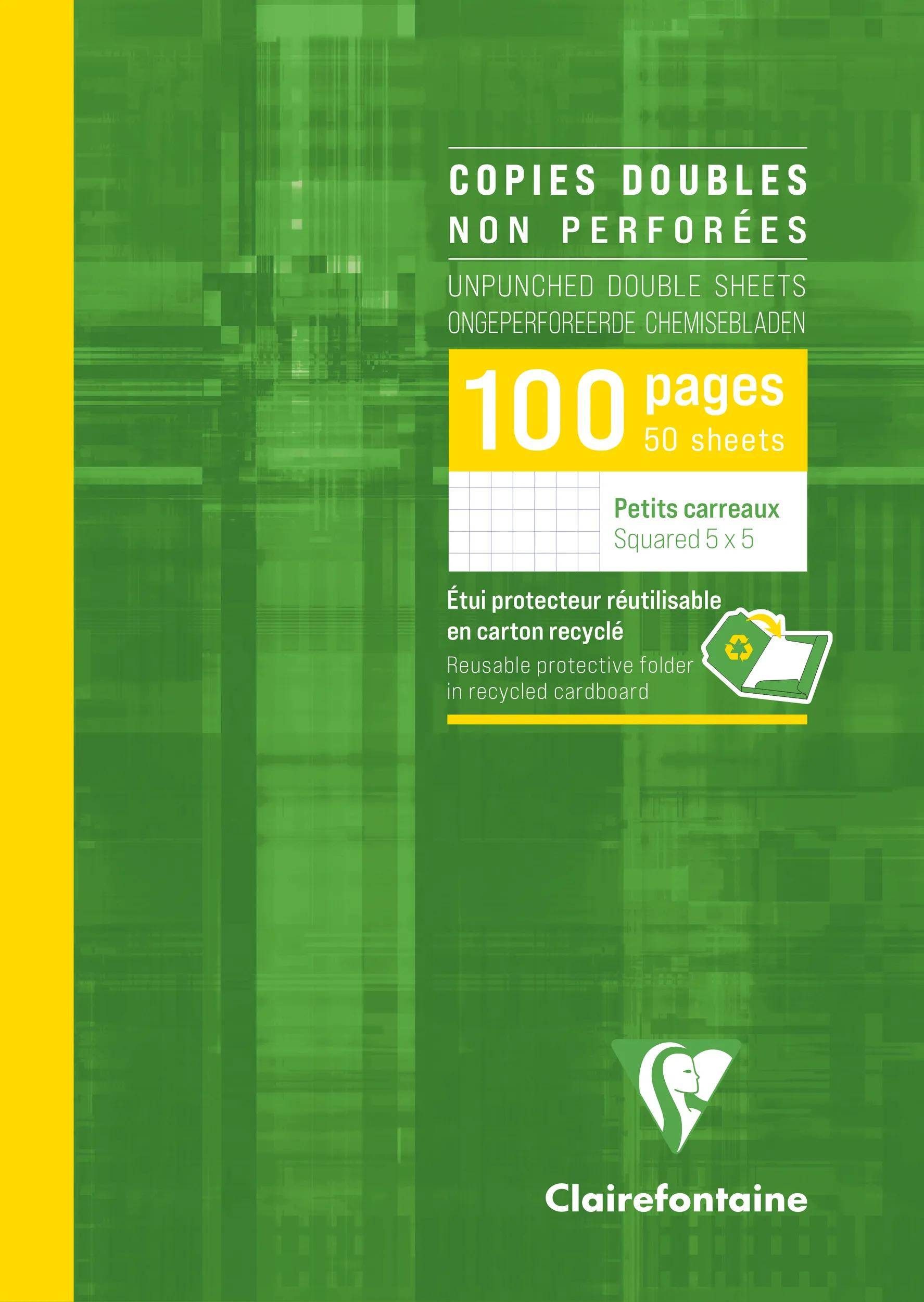Grünes Clairfontaine-Notizbuch in einer Verpackung für ungefaltete Doppelblätter, 100 Seiten, kariert 5 x 5, in einem wiederverwendbaren Ordner aus recyceltem Karton.