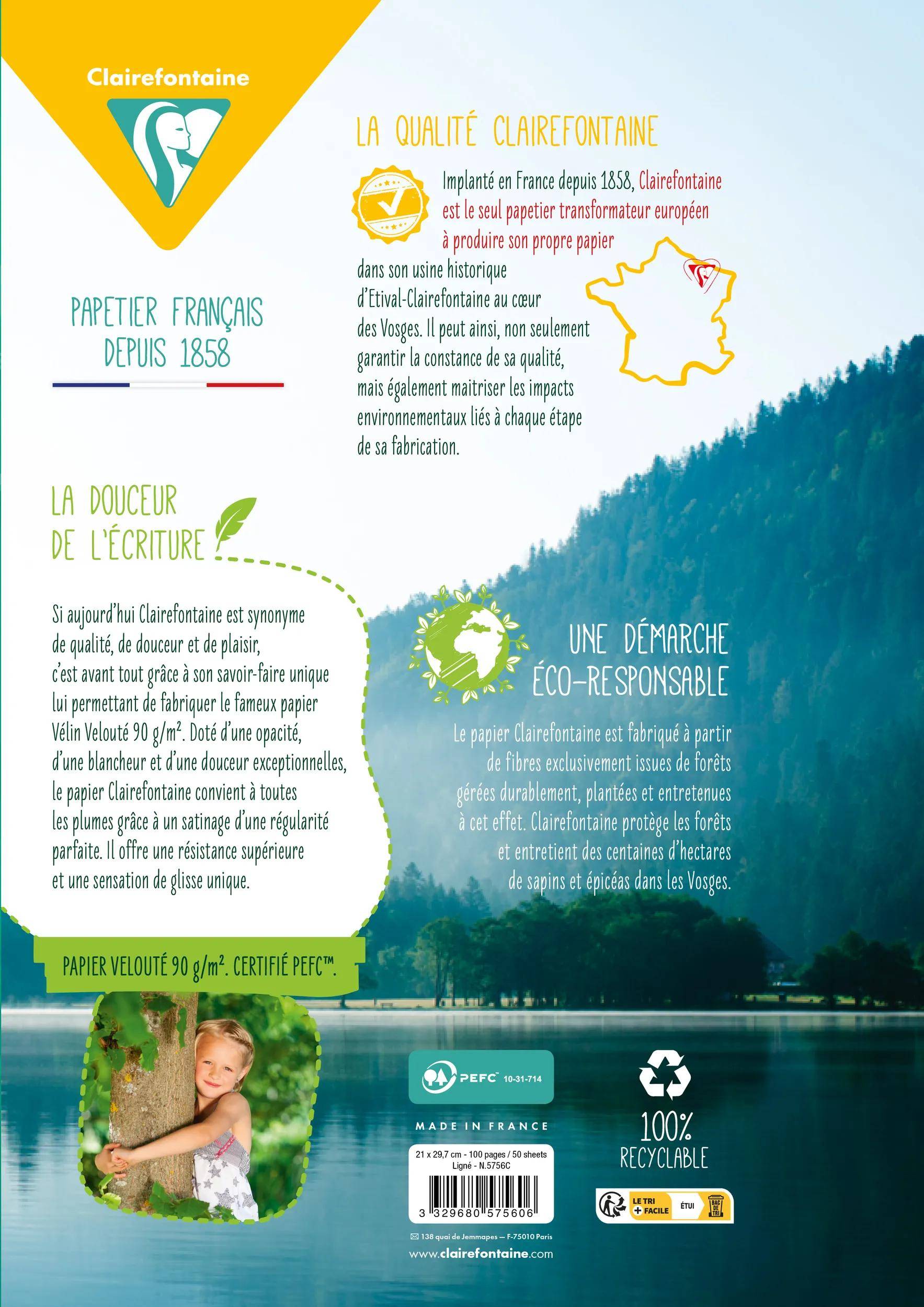 Clairefontaine Papierpaketschachtel mit Etikett, das französisches Papier seit 1858 hervorhebt, Qualität, Umweltverantwortung, in Frankreich hergestellt und zu 100% recycelbar.