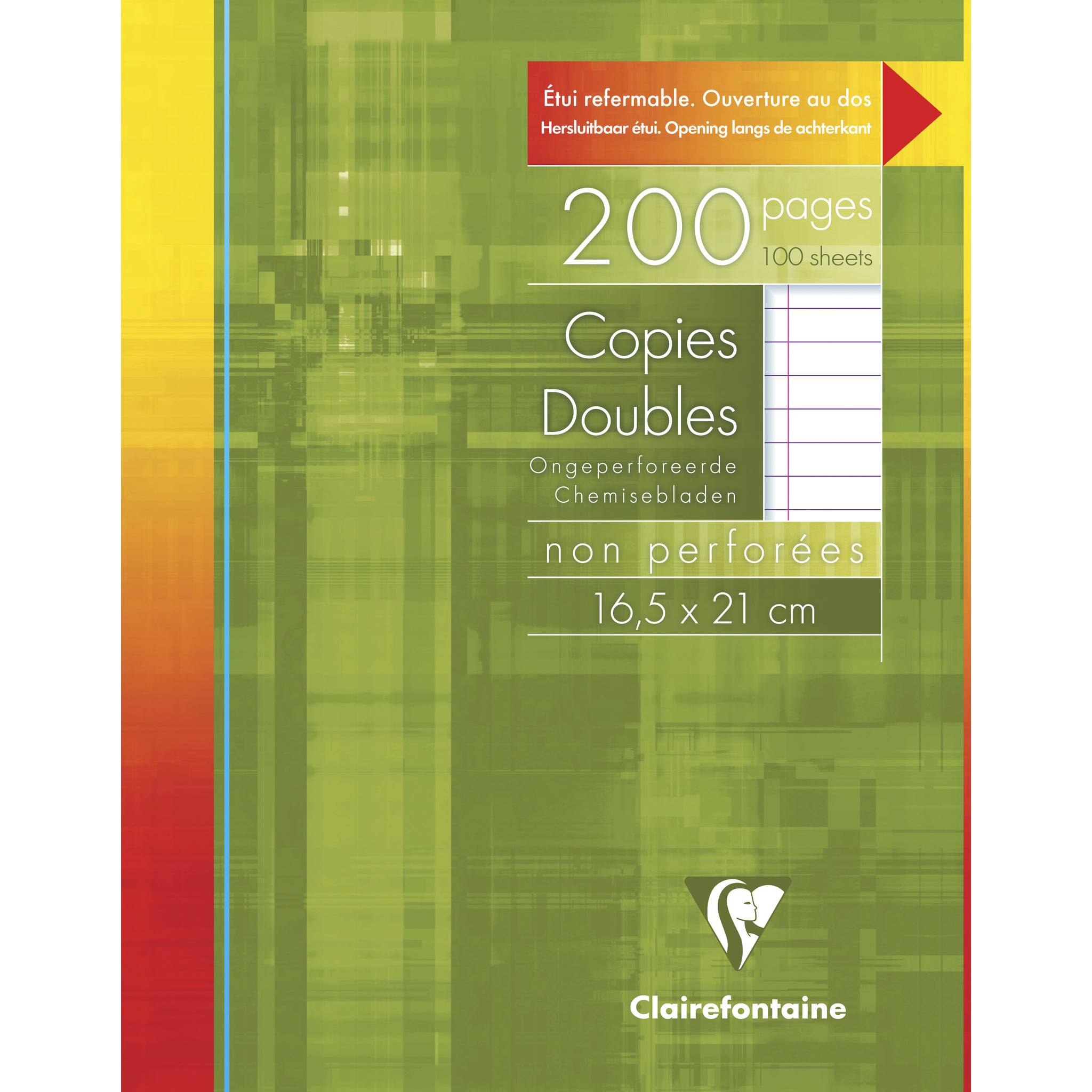 Grüner Clairefontaine Notizbucheinband mit der Aufschrift „200 Seiten", „Copies Doubles"", „non perforées"", Größe 16,5 x 21 cm, mit rötlichem Öffnungslaschen.