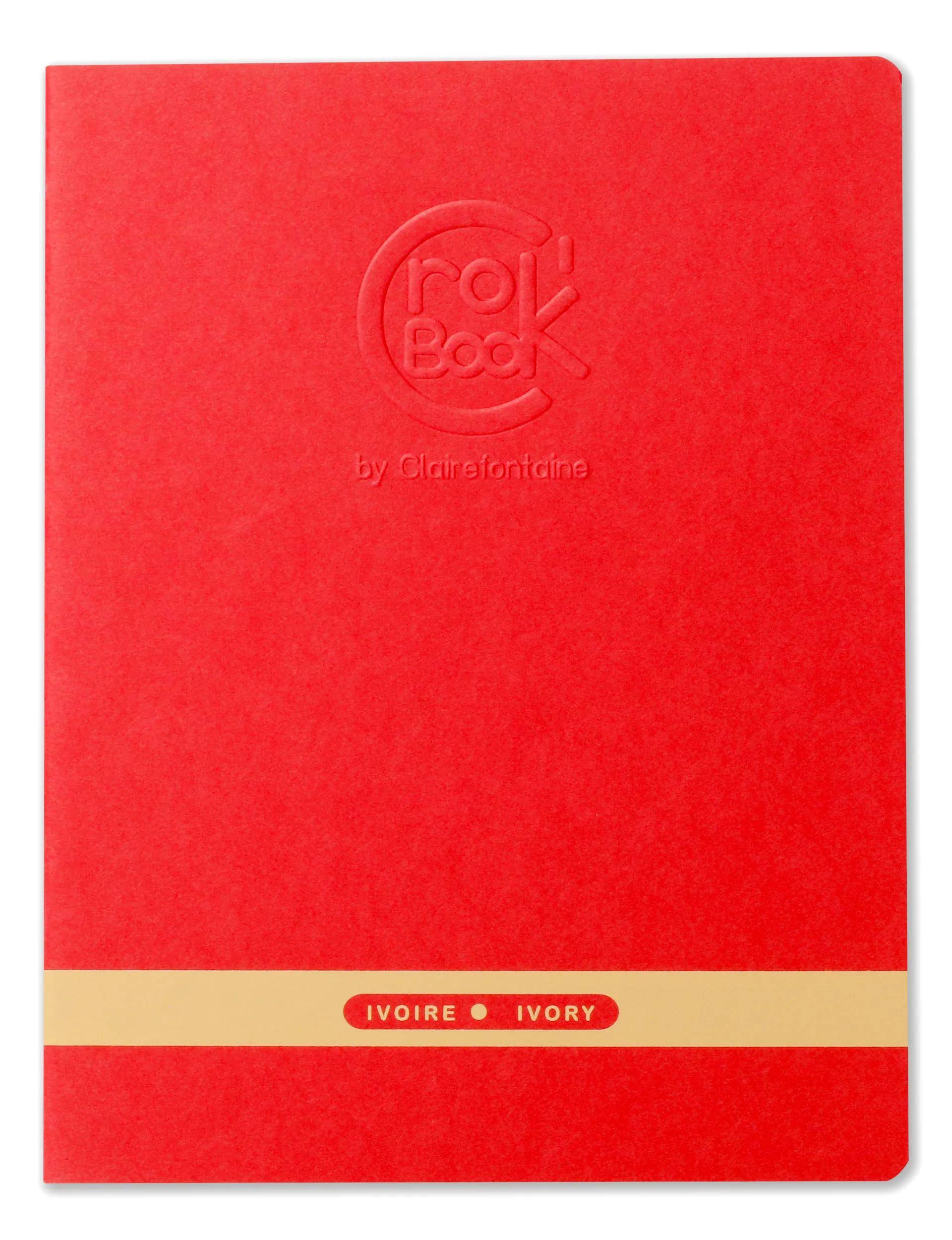 Rotes Rollbook-Notizbuch mit geprägtem Logo und elfenbeinfarbenem horizontalen Band mit der Beschriftung „IVORE • IVORY