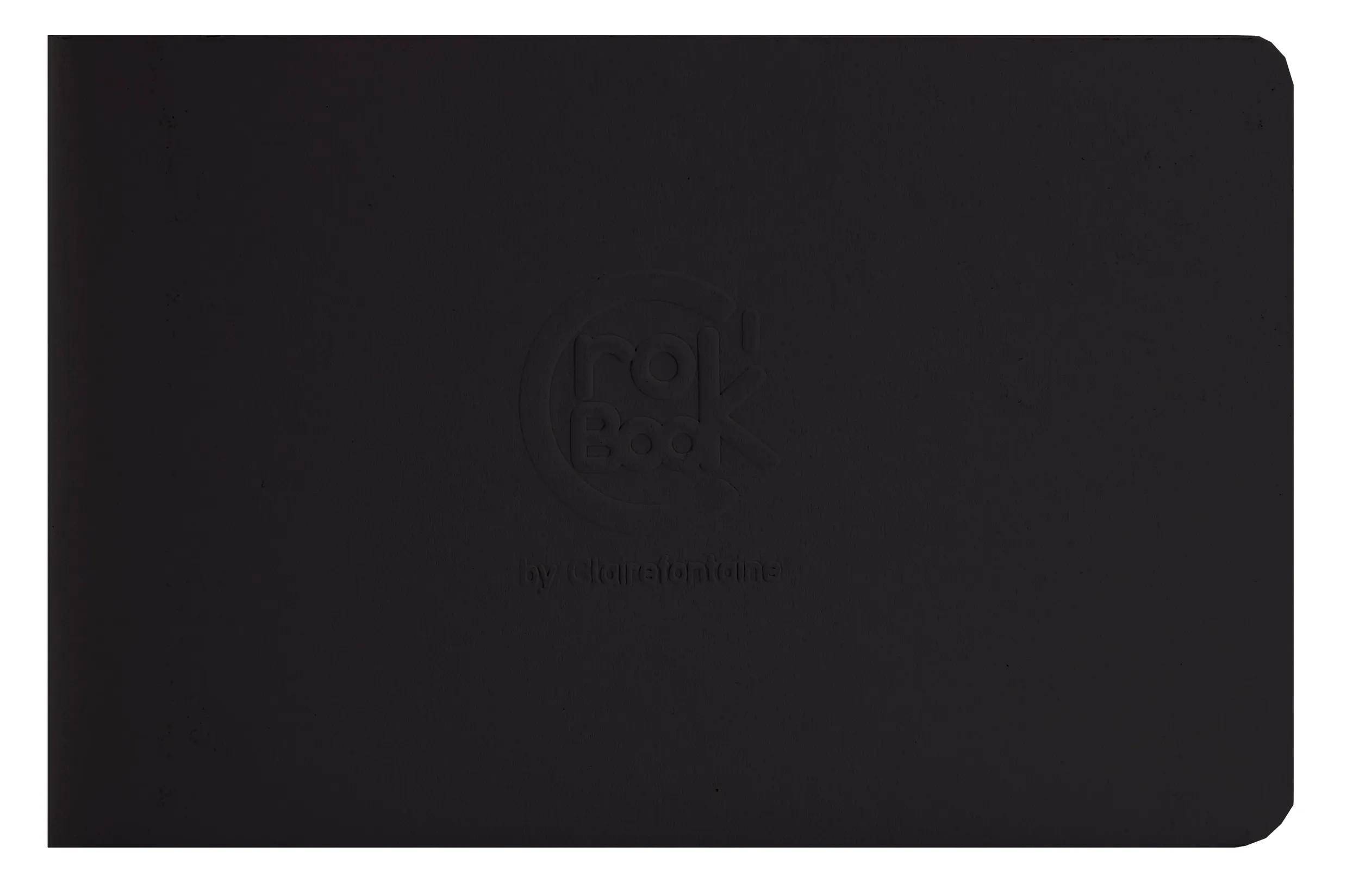 Ein dunkelschwarzer Ordner oder Binderdeckel mit einem subtil geprägten Logo in der Mitte auf der Vorderseite.