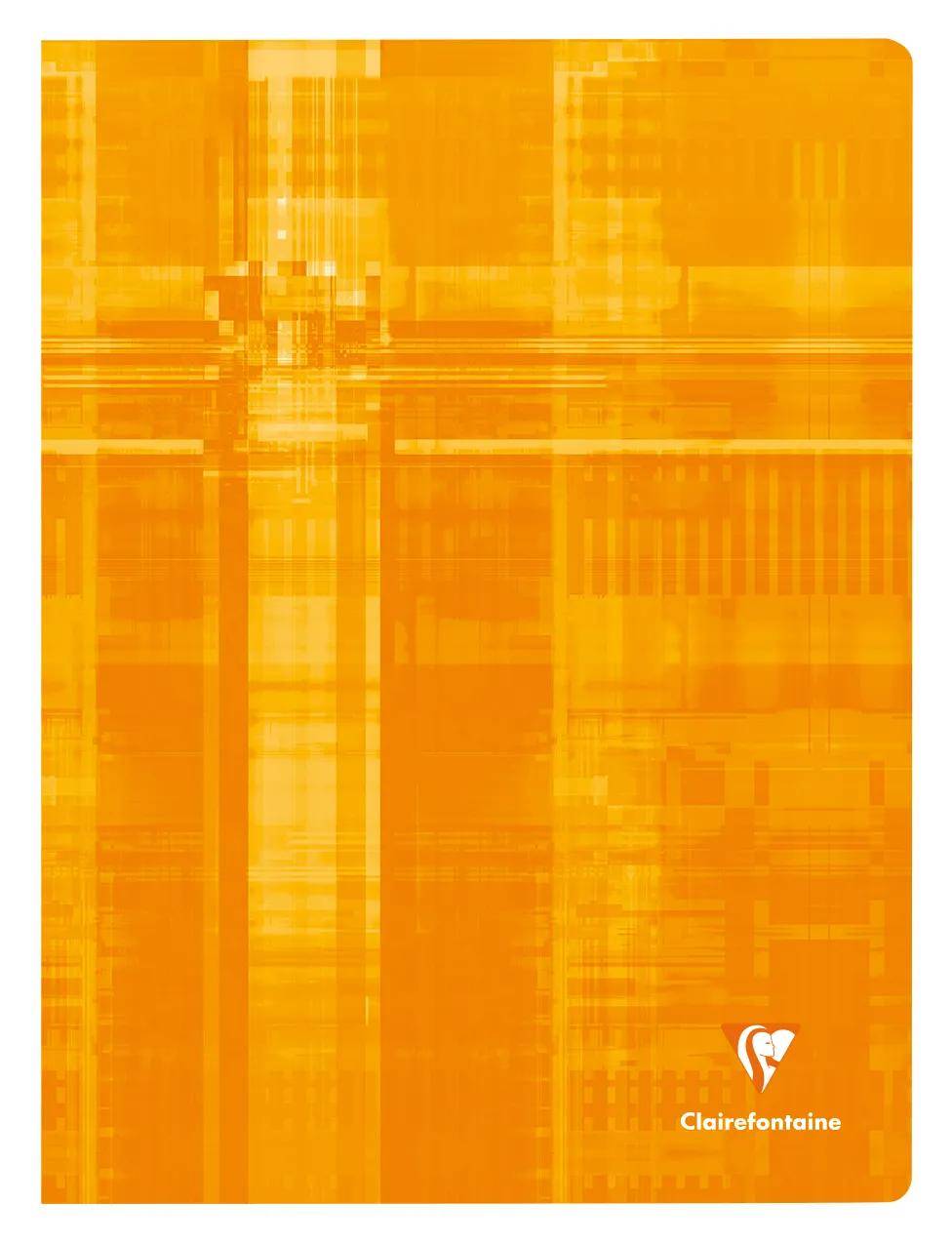 Orange-farbener Clairefontaine-Notizbucheinband mit abstrakter geometrischer Textur und kleinem weißem Logo in der unteren rechten Ecke.