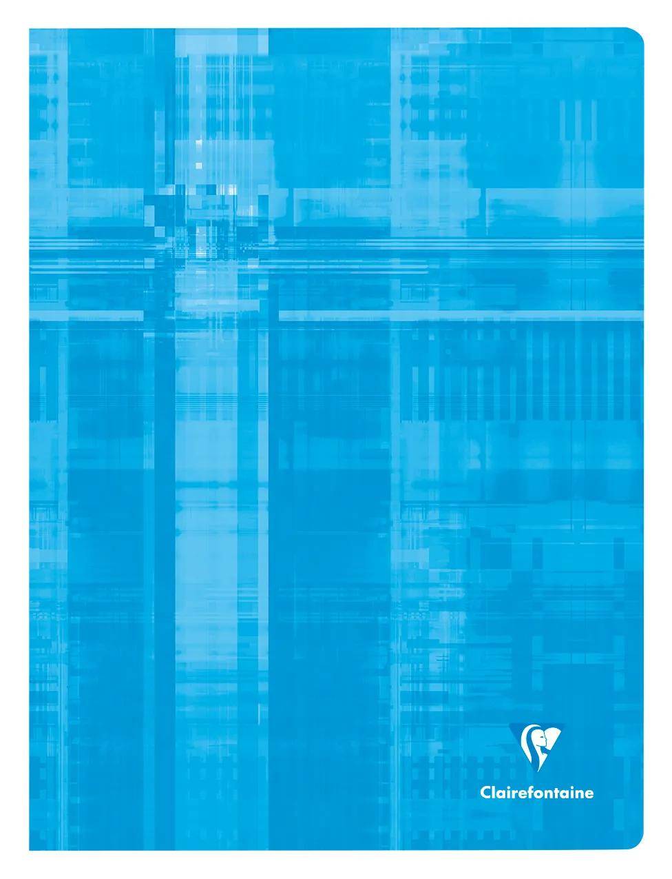 Blauer Clairefontaine Notizbucheinband mit abstraktem Karomuster und kleinem Markenlogo unten rechts.