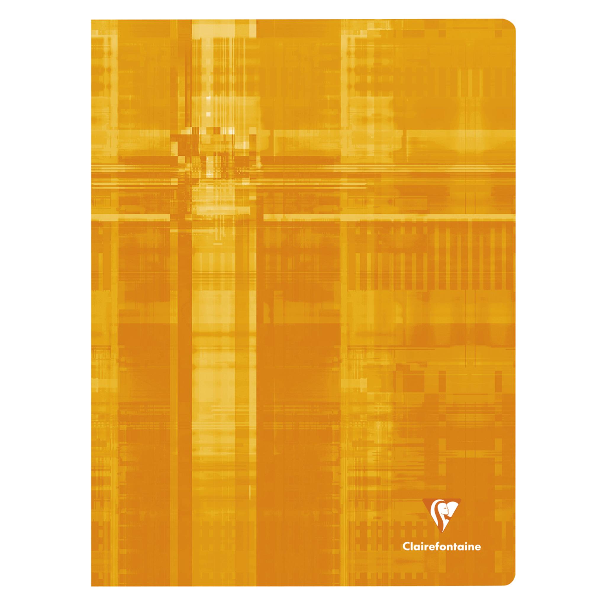 Orange Clairefontaine Notizbuchdeckel mit abstraktem geometrischem Muster und Markenlogo unten rechts.