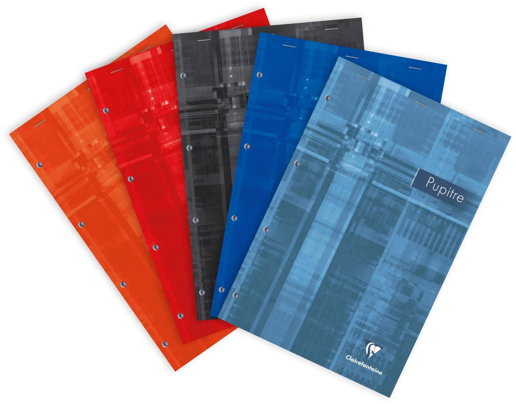 Fünf durchsichtige kunststoff-berichtsmappen/-ordner, aufgefächert in orange, rot, schwarz, blau und hellblau, eine mit der aufschrift 