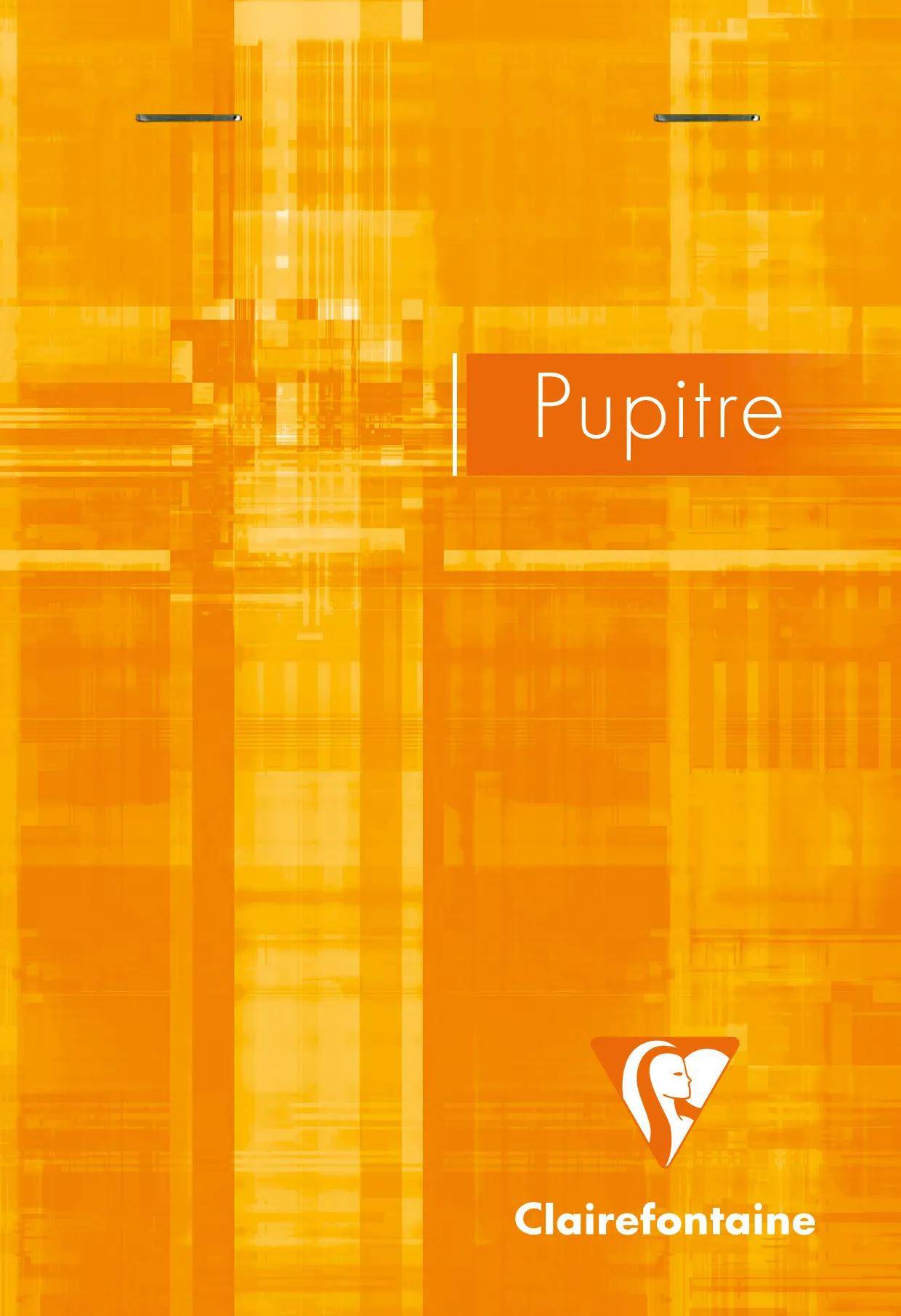 Digitale Kunstwerk mit abstrakten orangefarbenen Mustern und dem Wort 'Pupitre' in weißer Schrift auf der rechten Seite.