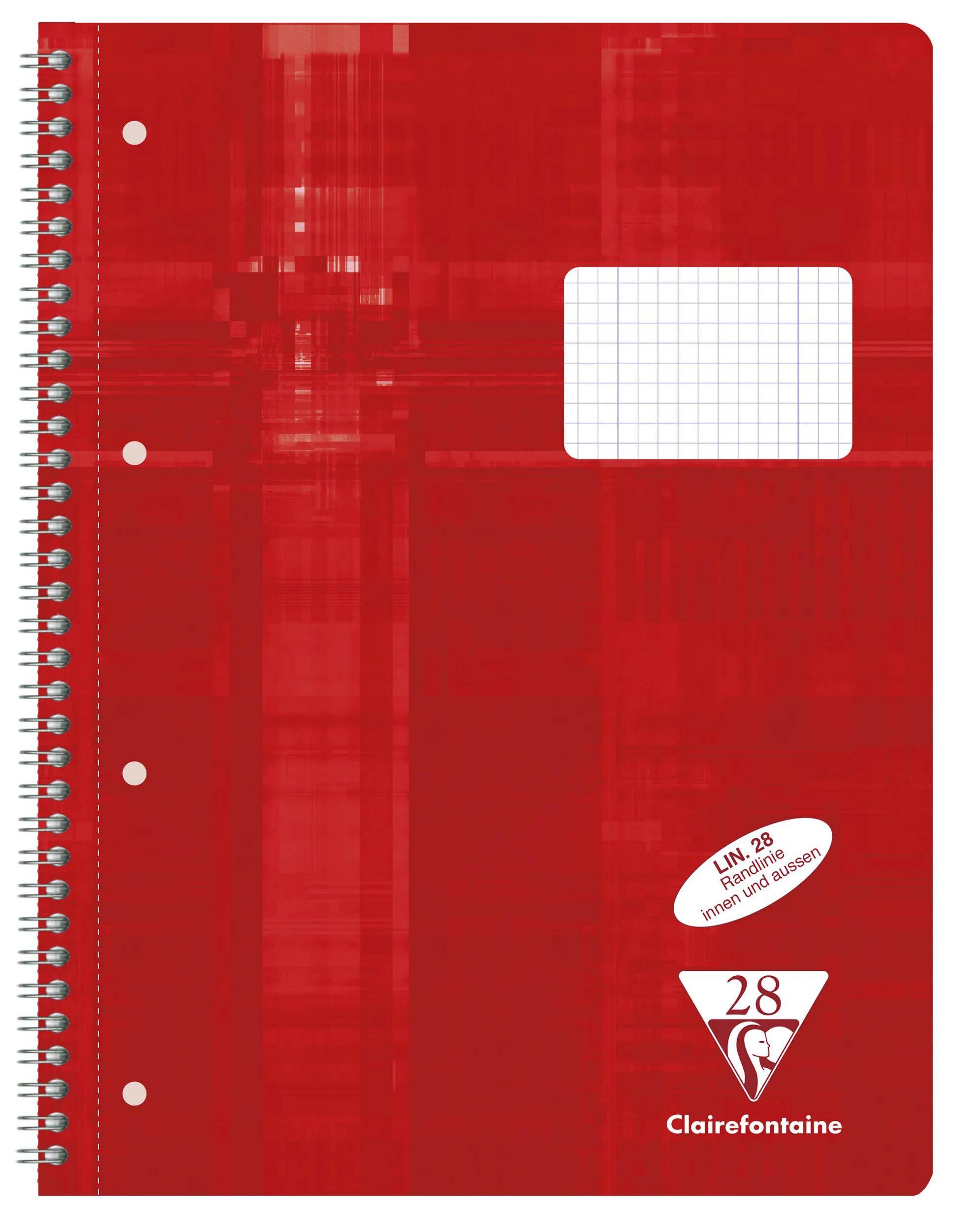 Rot gebundenes Spiralbuch mit weißem Etikettenbereich und Clairefontaine-Logo, gezeigt vor einem einfachen Hintergrund.