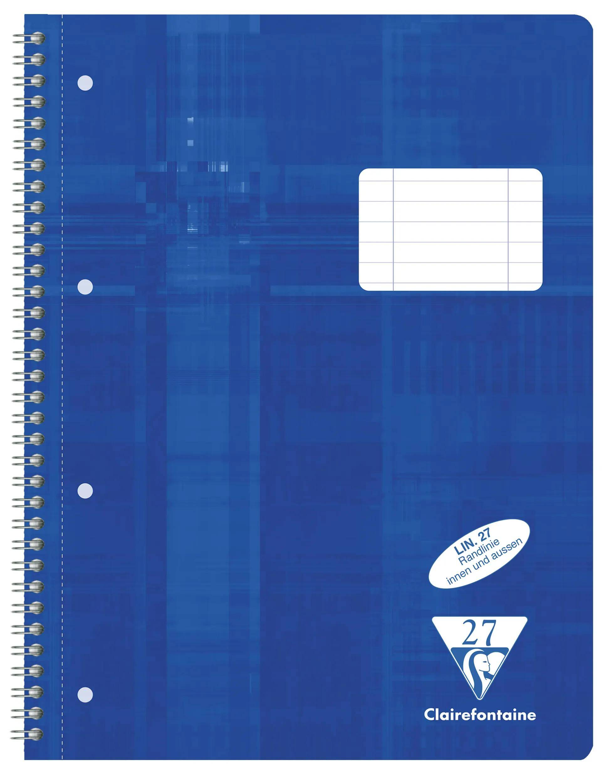 Blauer spiralgebundener Clairefontaine-Notizbucheinband mit leerem Etikettenbereich und 