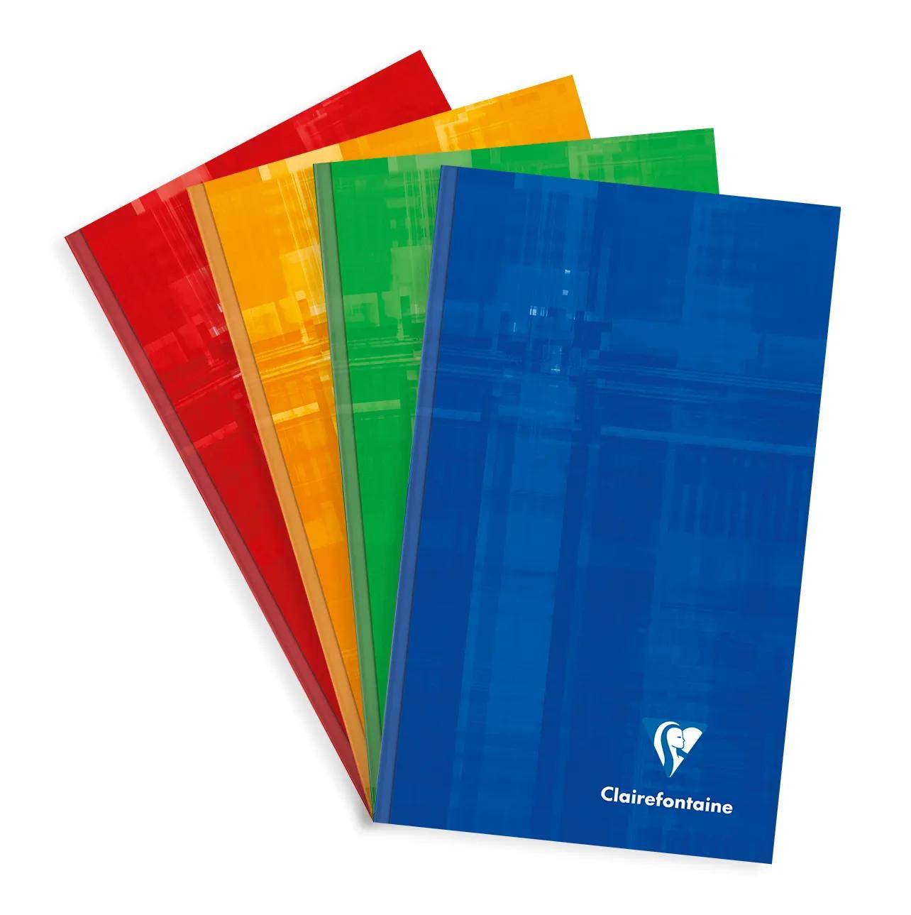 Stapel von vier durchscheinenden farbigen Notizbüchern oder Mappen – rot, orange, grün und blau – mit dem Clairefontaine-Logo auf dem vorderen Umschlag.