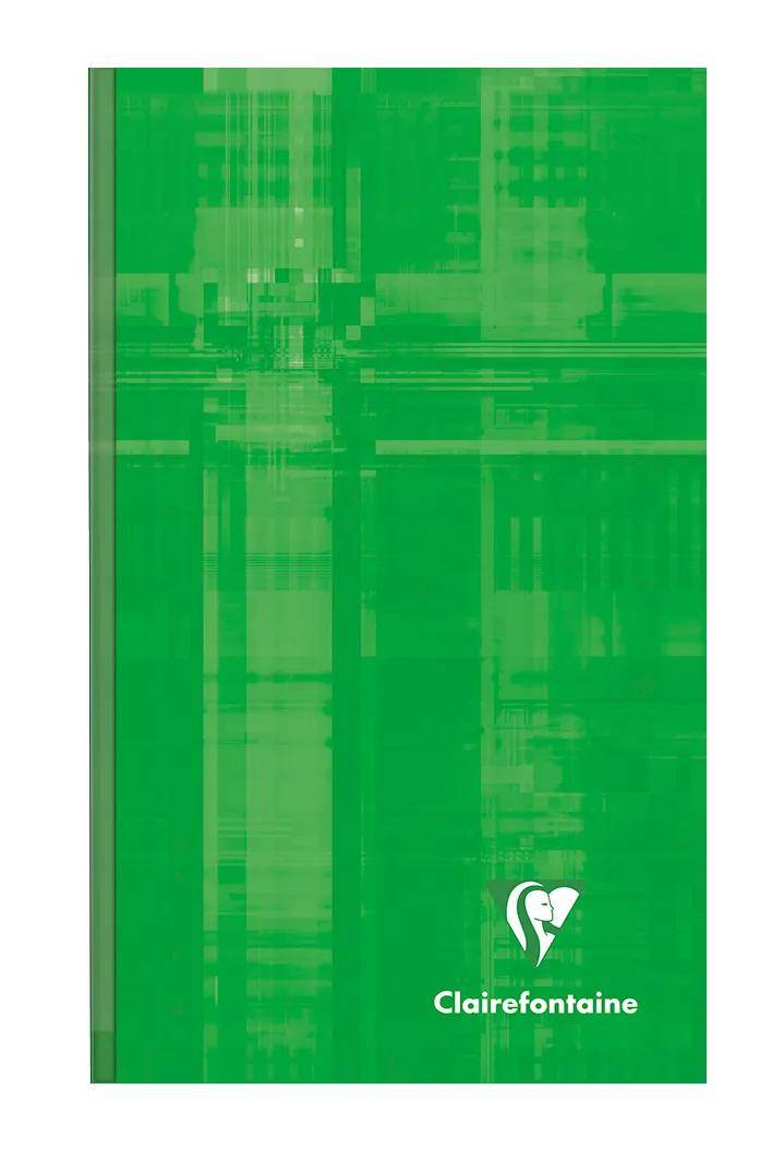 Grünes Clairefontaine-Notizbuchcover mit abstraktem Karomuster und weißem Logo in der Nähe des unteren Randes
