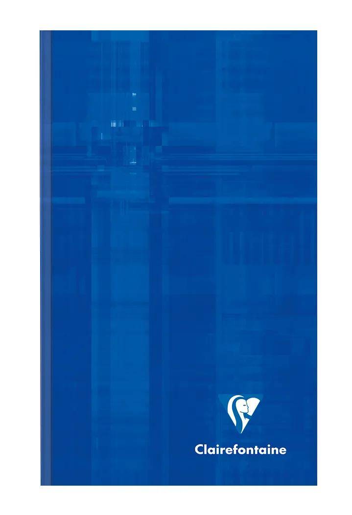 Blauer Clairefontaine-Notizbucheinband mit weißem Logo und Markenname unten rechts.