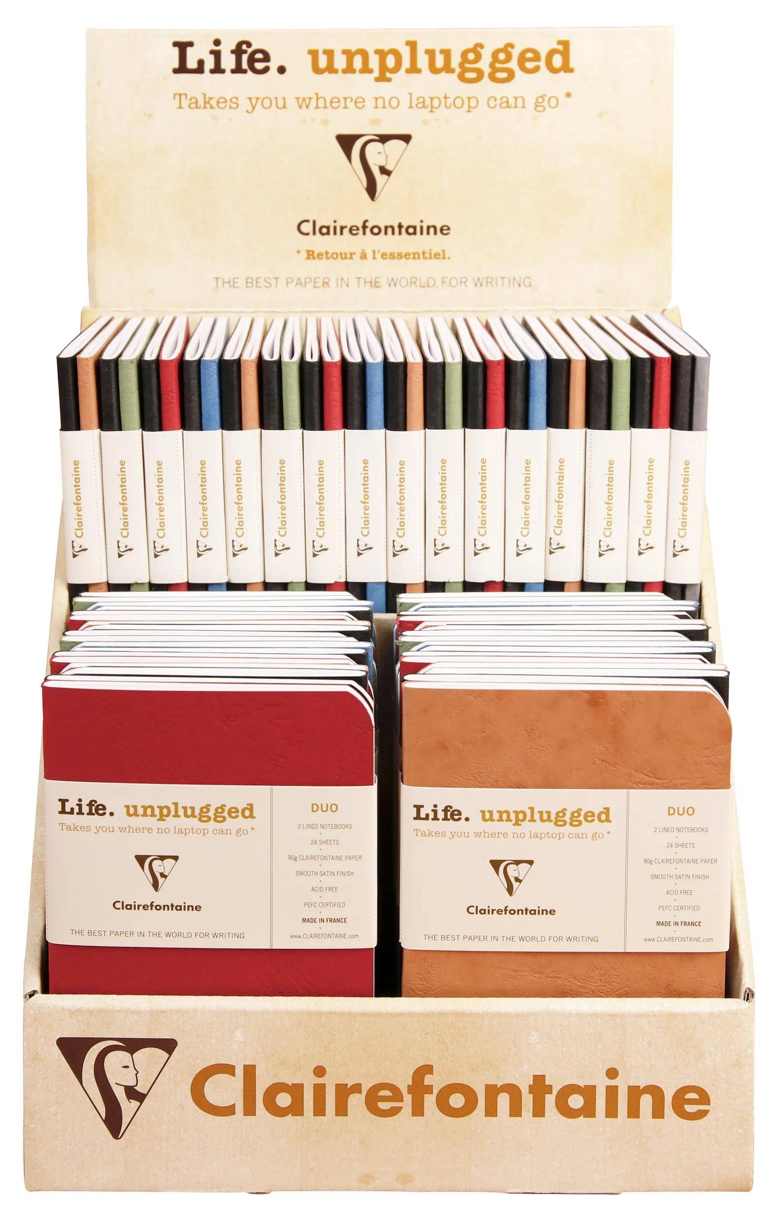 Ausstellung von Clairefontaine-Notizbüchern und Papierpaketen mit dem Slogan „Life. unplugged