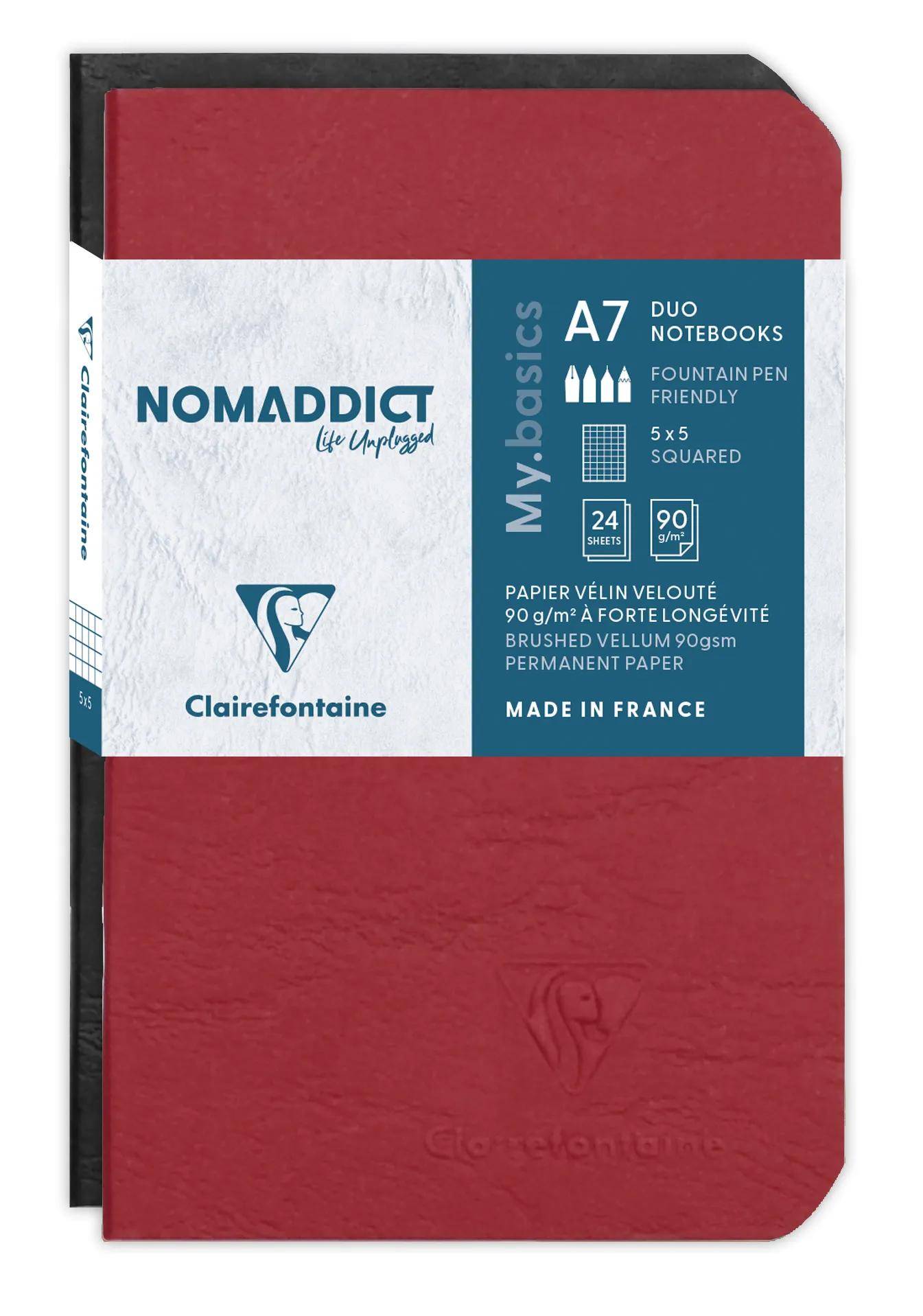 Rotes Clairefontaine NODAMDICT A7 Duo-Notizbuchpaket mit weißem und petrolblauem Etikett, das Papierdetails zeigt und in Frankreich hergestellt wird.