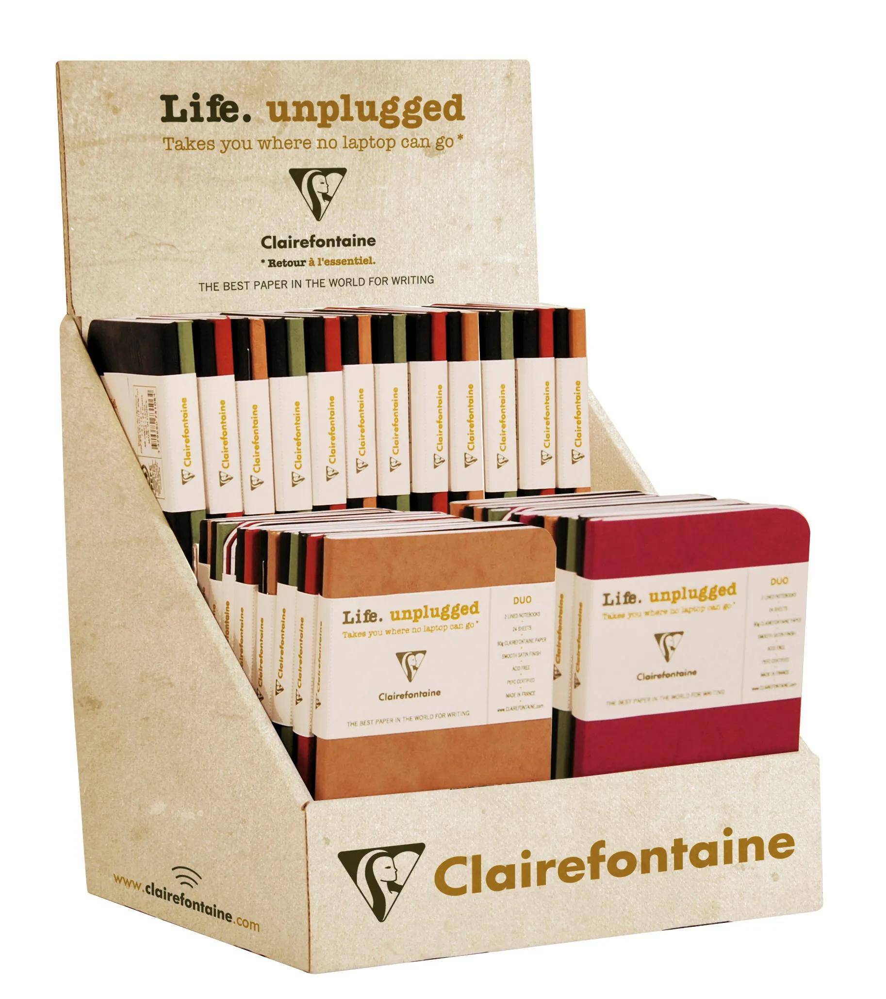 Ausstellungsständer von Clairefontaine 'Life. unplugged' Notizbüchern und Schreibblöcken in verschiedenen Farben