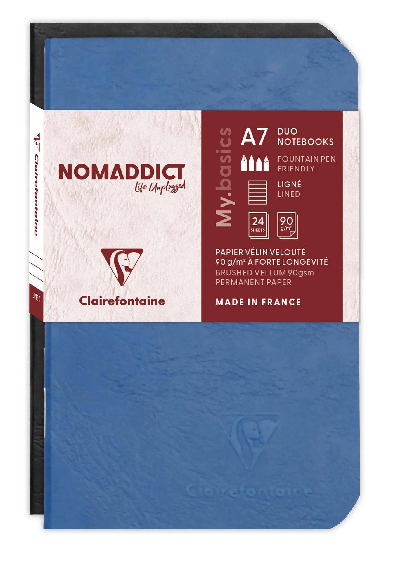 Blaues A7-Notizbuch-Set Clairefontaine mit den Etiketten „Nomadic