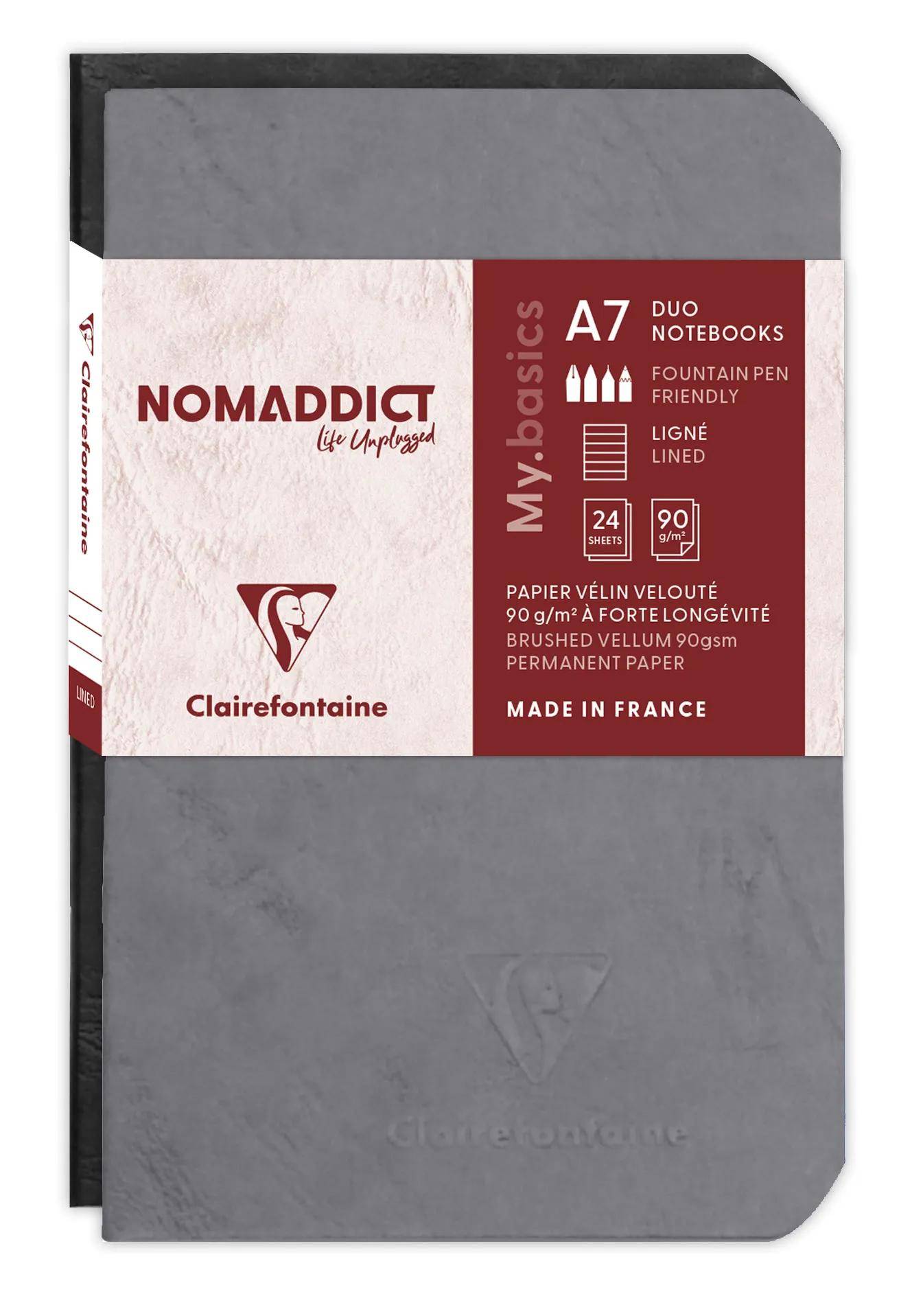 Graues Clairefontaine Nomadict A7 Duo Notizbuch-Set mit rotem Etikett, das füllerfederfreundliches liniertes Papier zeigt, 24 Blätter, 90 g/m², hergestellt in Frankreich.