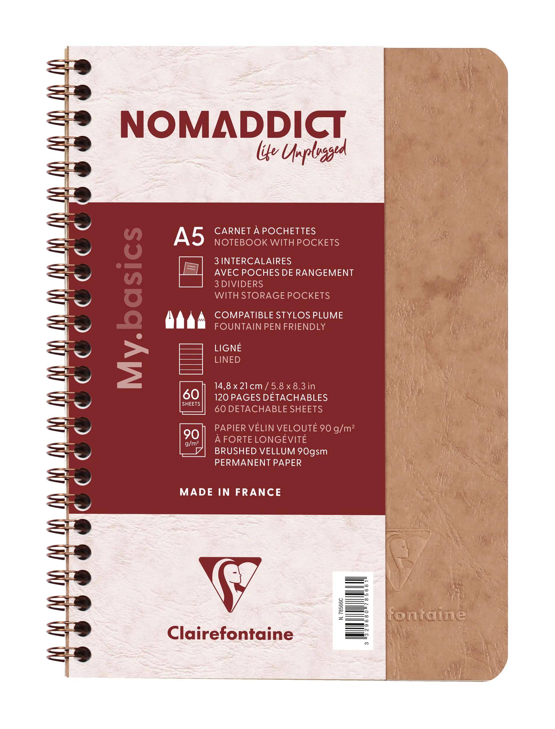 Clairefontaine 5x Spiralbuch Age Bag Innentaschen A5 liniert 60 Bl Tabak 78566C