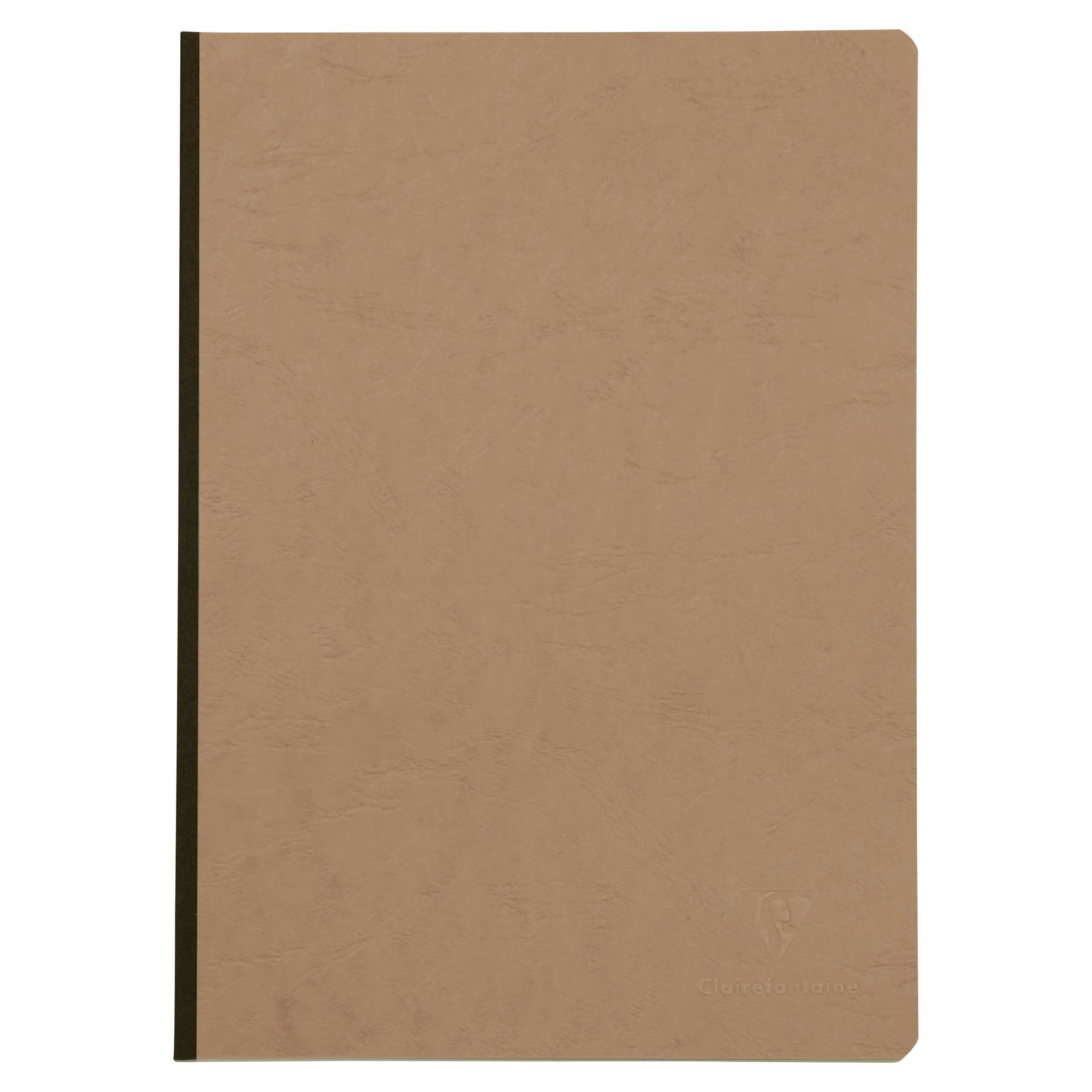 Kariertes braunes Notizbuch oder Tagebuch mit schwarzem Rücken auf der linken Seite und abgerundeten Ecken oben rechts und unten rechts.
