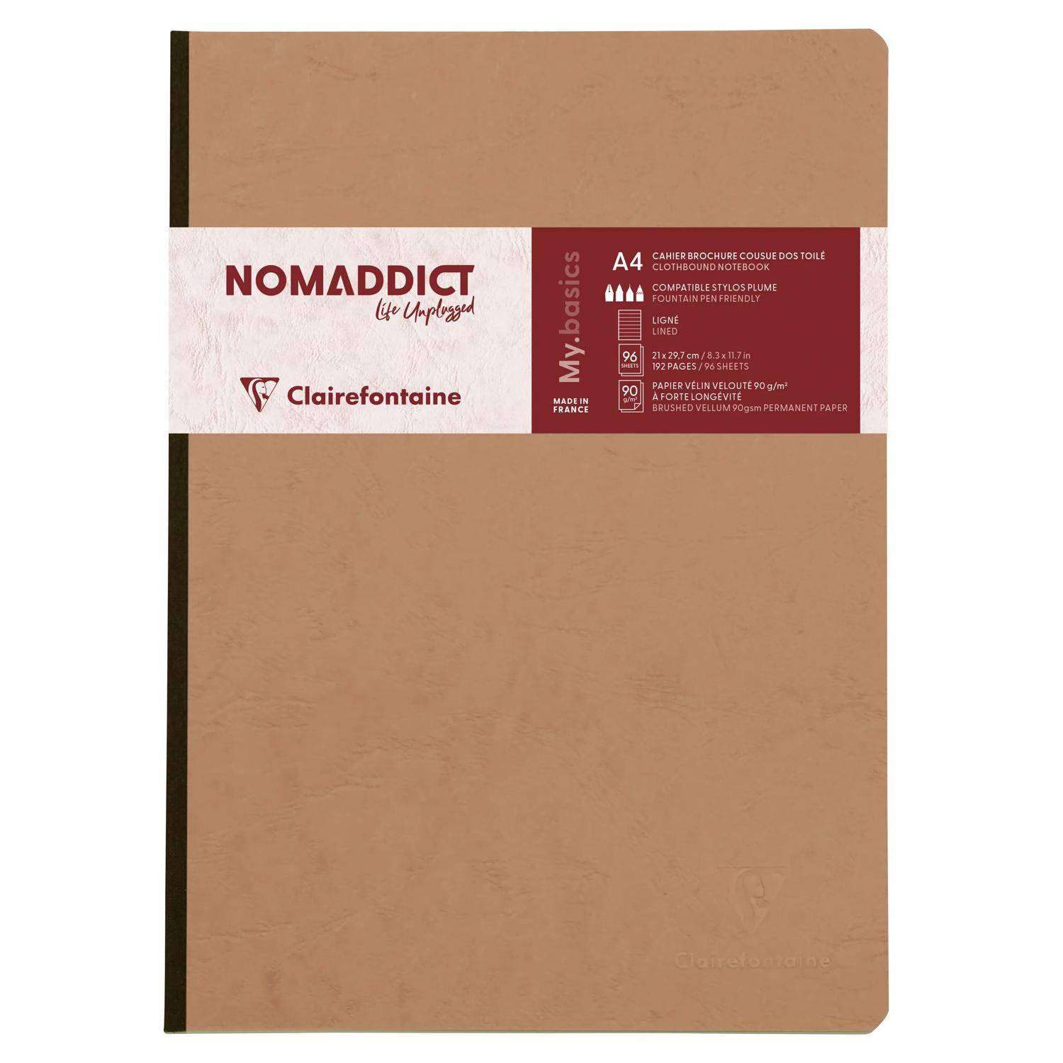 Braunes Clairfontaine Nomaddict A4 Notizbuch mit weißem und burgunderfarbenem Etikettenband auf dem Umschlag.