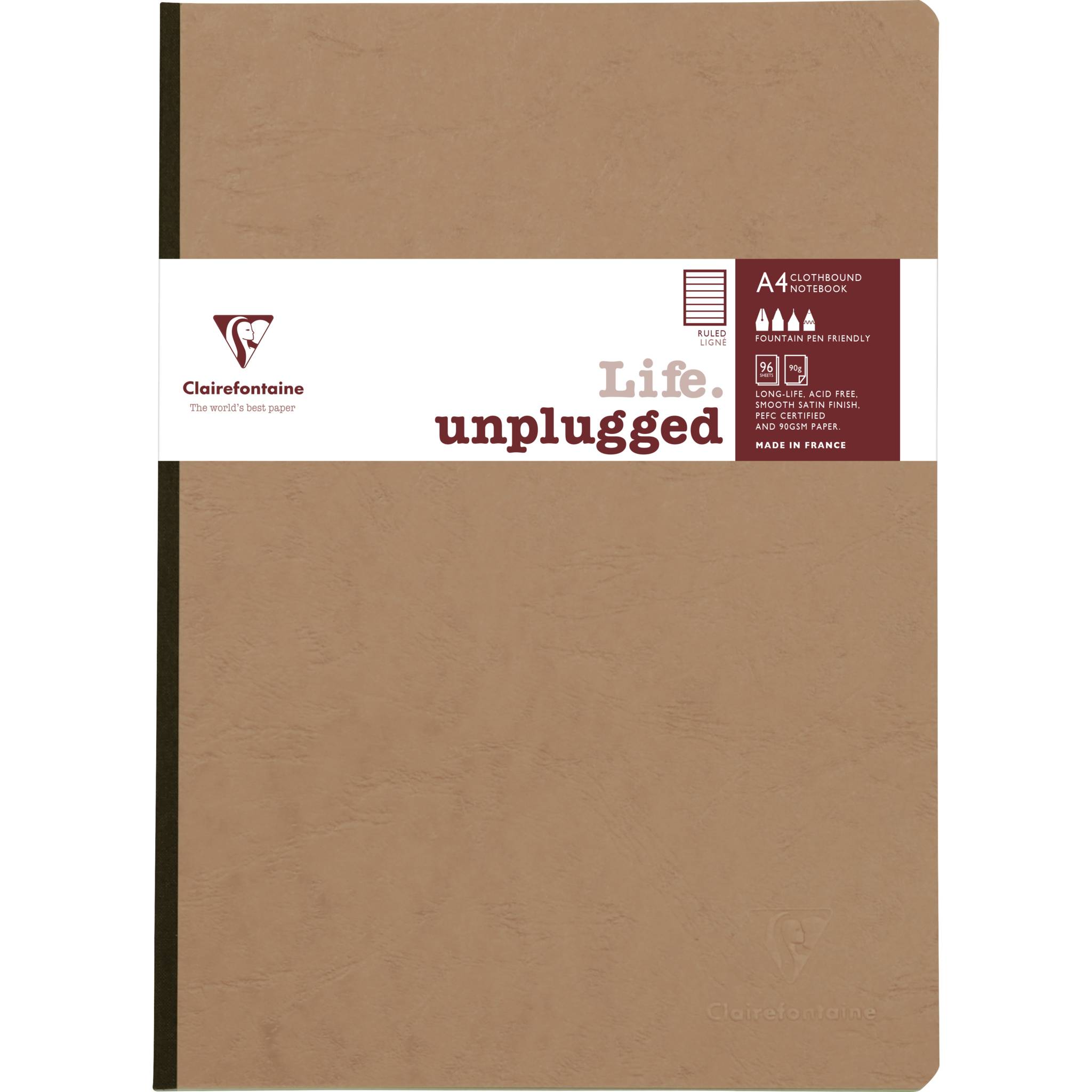Beiges Clairefontaine 'Life unplugged' A4 Notizbuch mit Leineneinband und weiß-burgunderfarbenem Etikettenband, Vorderseite.