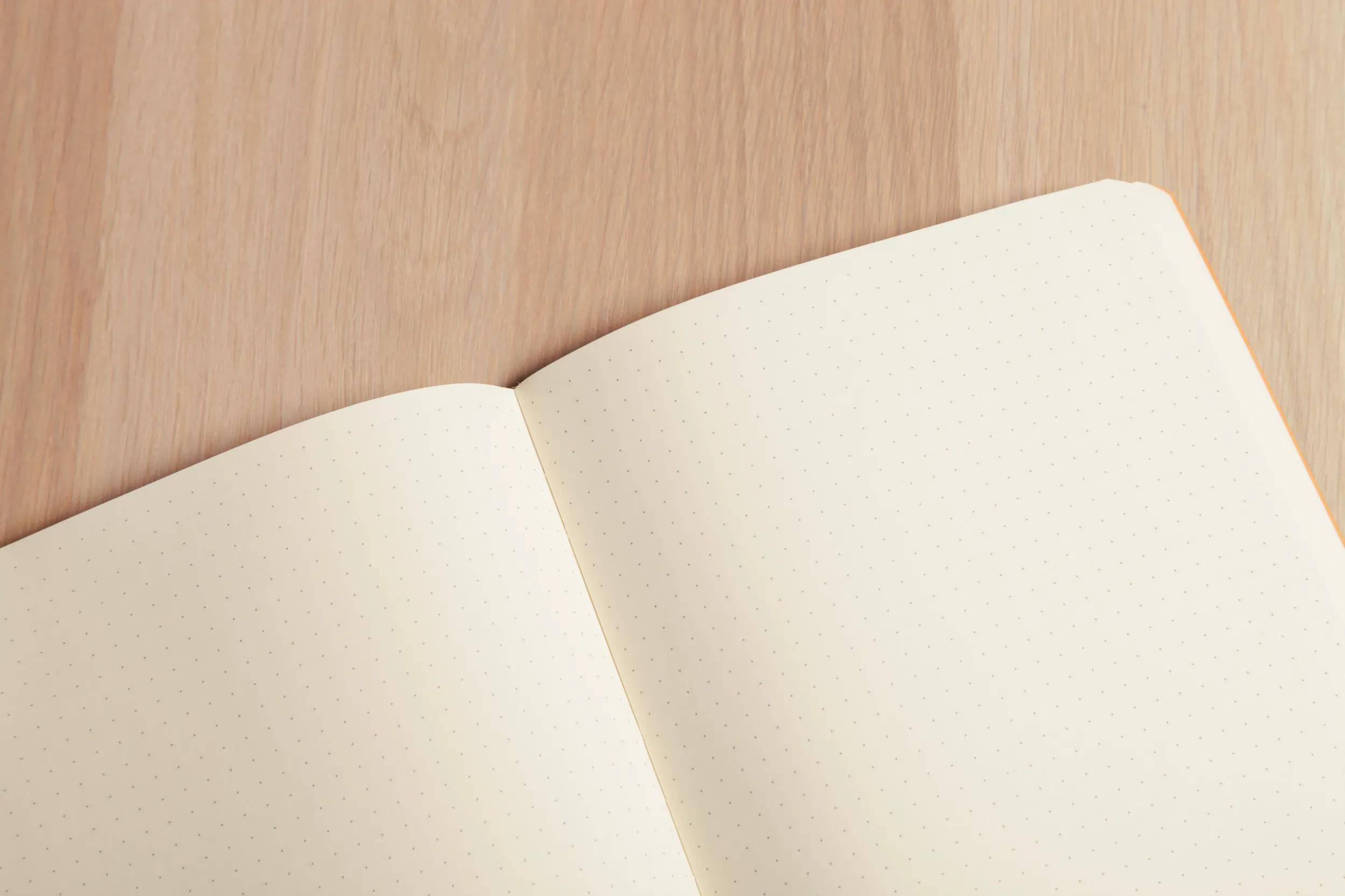 Offenes leeres Notizbuch mit punktierten Seiten auf einer hellen Holzoberfläche.