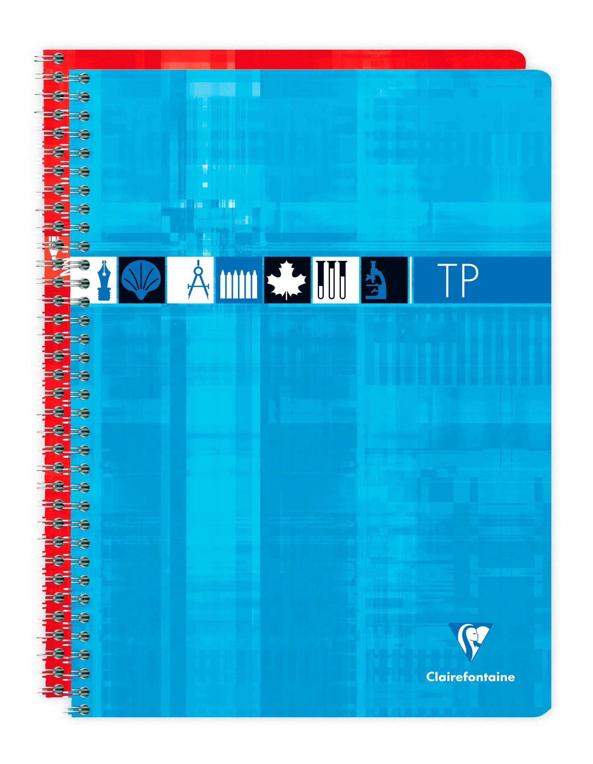 Blau kariertes Clairefontaine-Spiralnotizbuch mit roter Bindung und einem horizontalen Streifen mit kleinen Symbolen auf dem Umschlag.